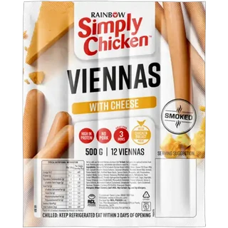 RAINBOW Simply Chicken Cheese Smoked Viennas 500g