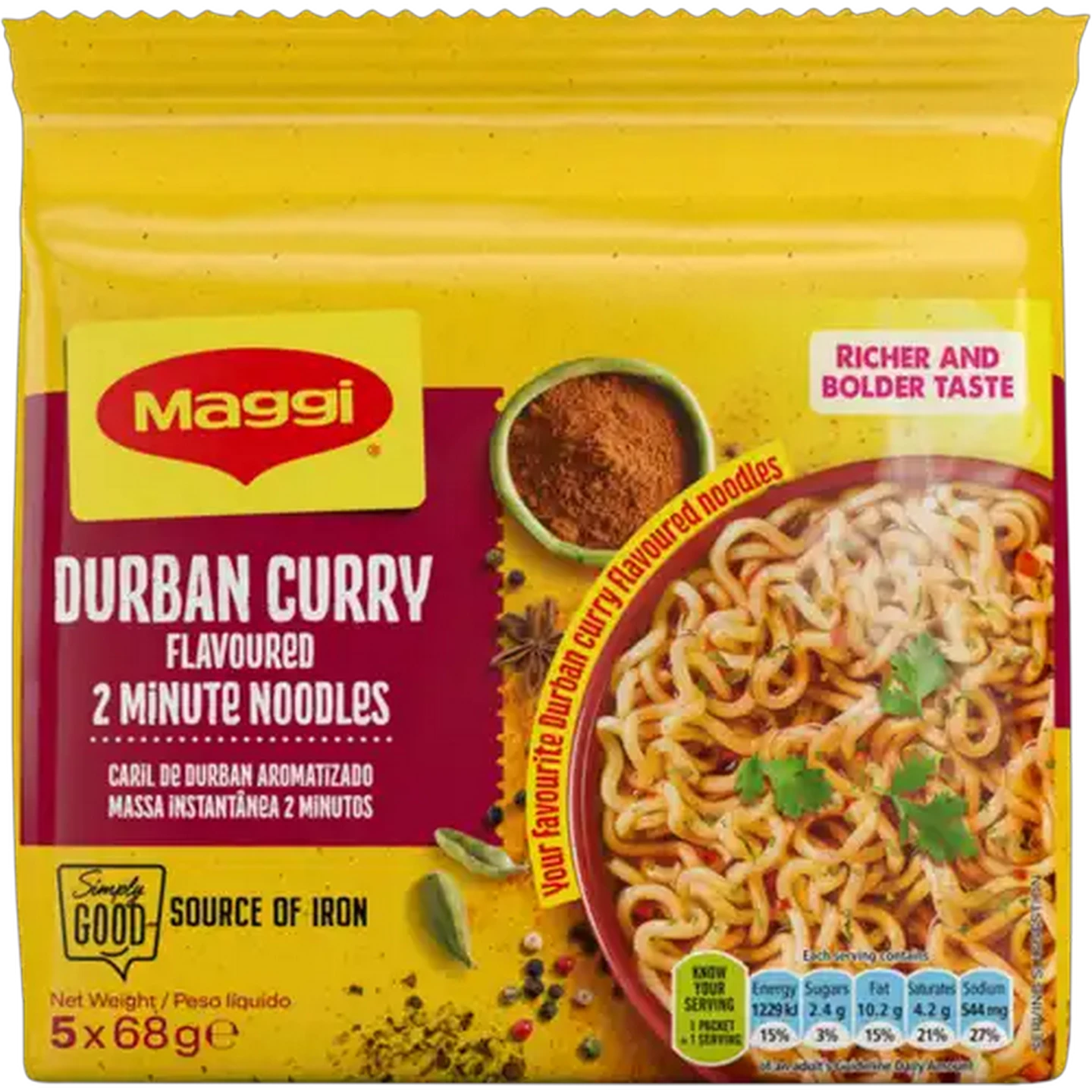 Image of Maggi Durban Curry Flavoured 2 Minute Noodles 5 x 68g