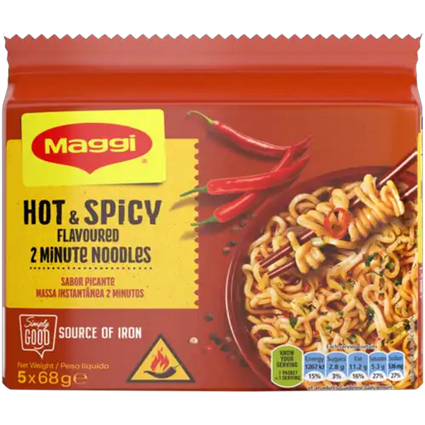 Image of Maggi Hot & Spicy Flavoured 2 Minute Noodles 5 x 68g