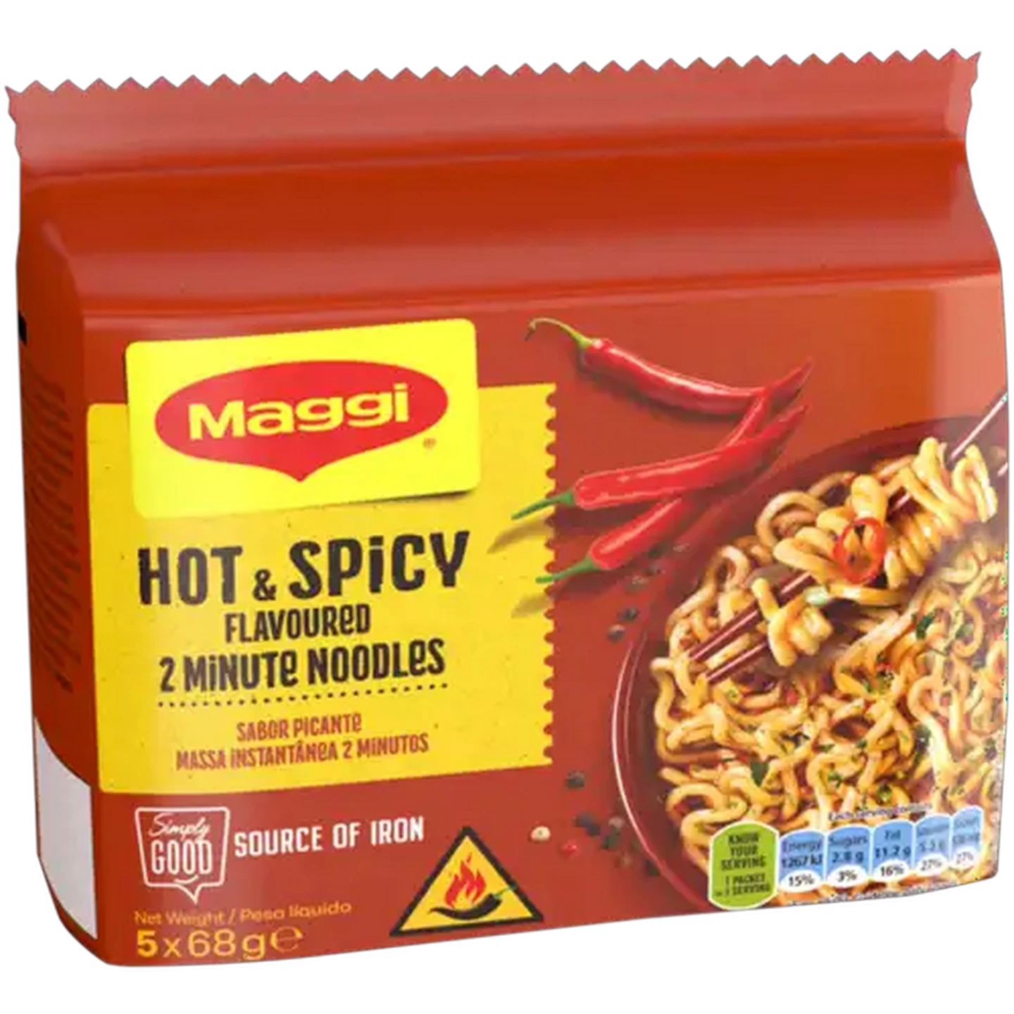 Image of Maggi Hot & Spicy Flavoured 2 Minute Noodles 5 x 68g