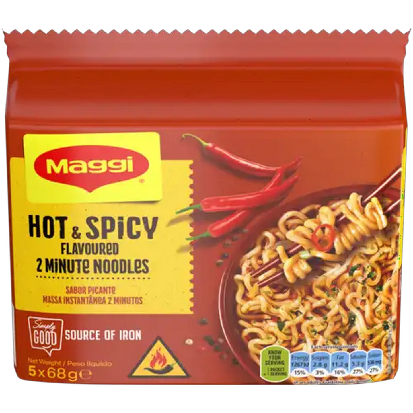 Image of Maggi Hot & Spicy Flavoured 2 Minute Noodles 5 x 68g