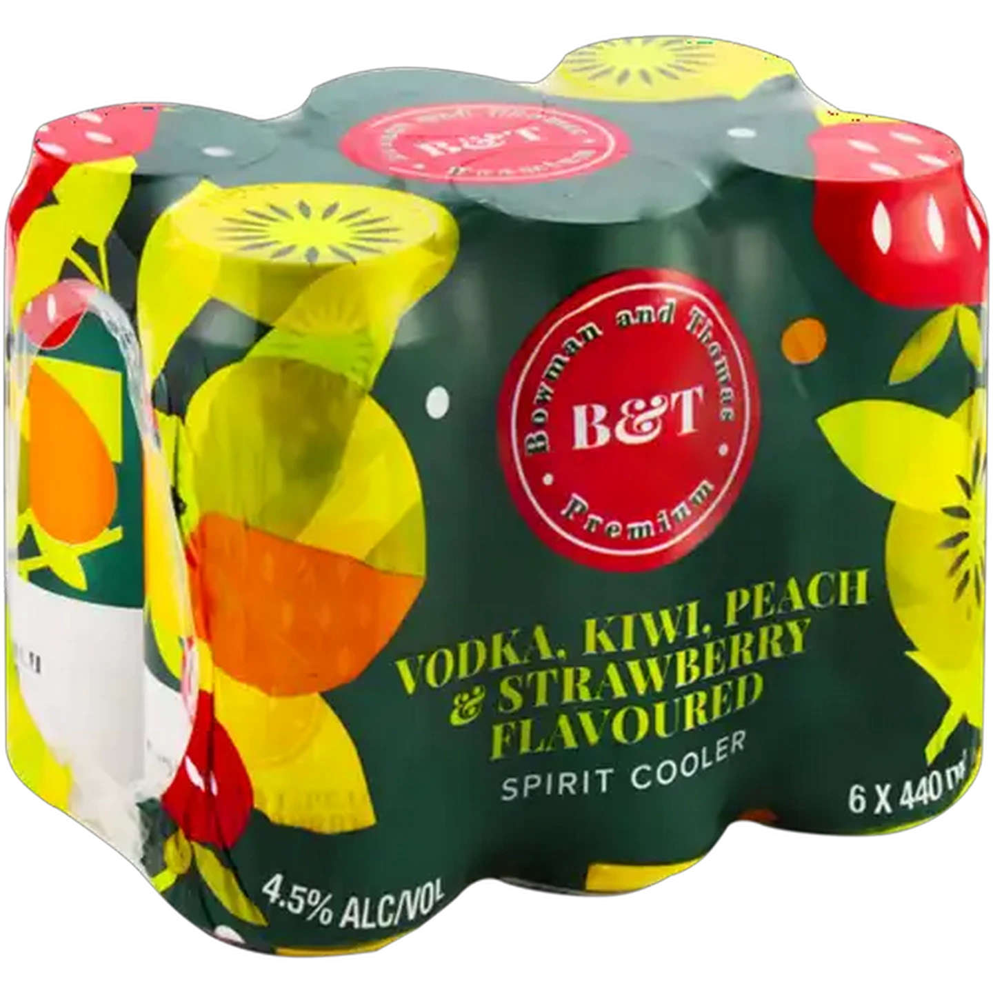 Image of Bowman & Thomas Vodka, Kiwi, Peach & Strawberry Flavoured Spirit Cooler 6 x 440ml