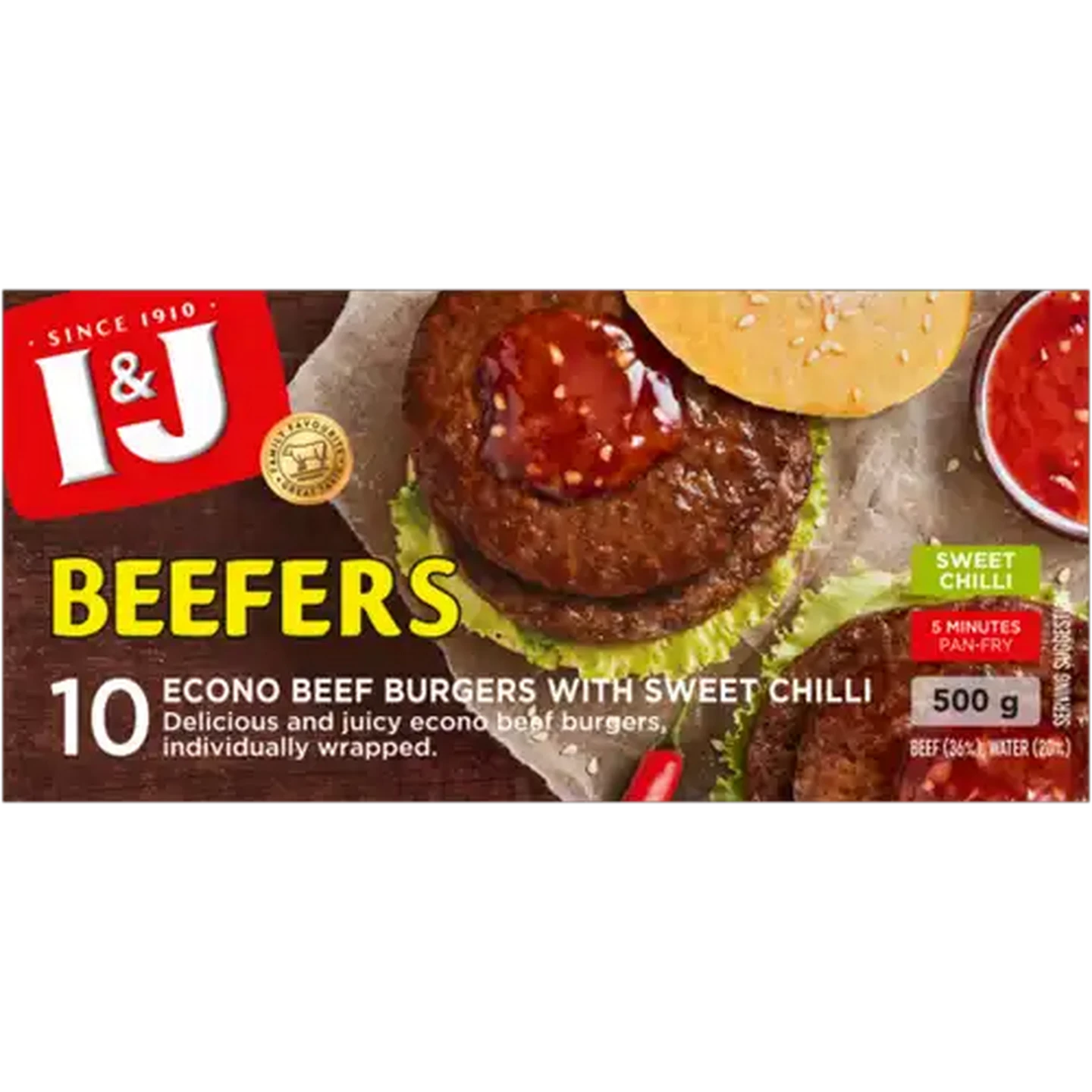 Image of I&J Beefers Sweet Chilli Frozen Econo Beef Burgers 500g