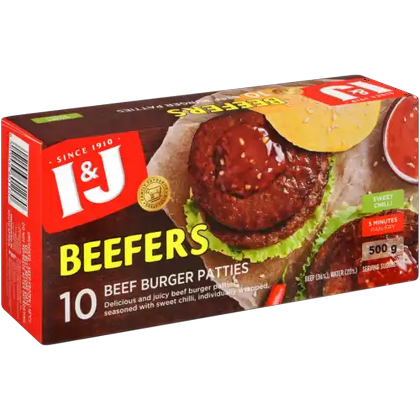 Image of I&J Beefers Sweet Chilli Frozen Econo Beef Burgers 500g