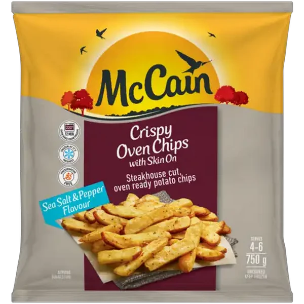 McCain Sea Salt & Pepper Flavour Frozen Steakhouse Cut Oven Chips with Skin On 750g