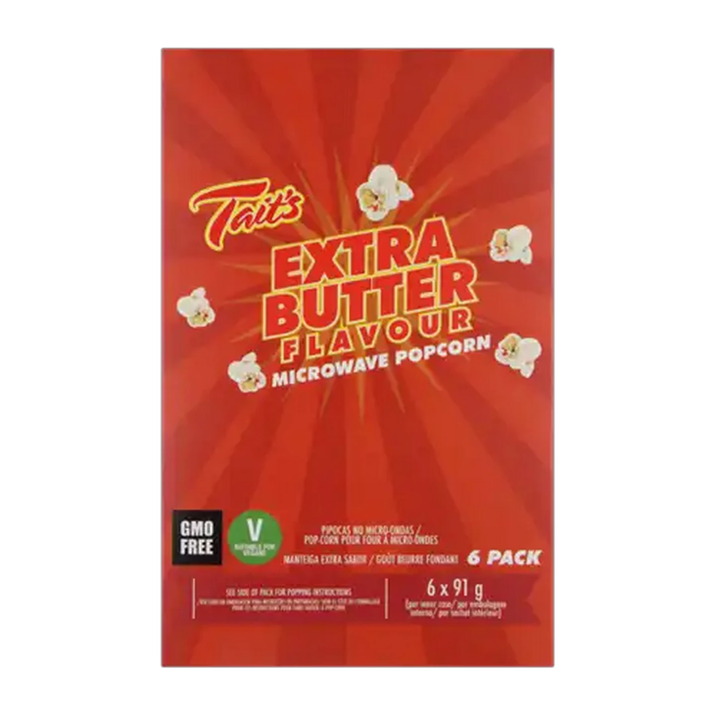 Image of Tait's Extra Butter Flavoured Microwave Popcorn 6 x 91g