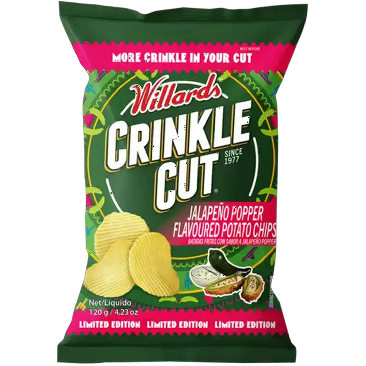 Image of Willards Crinkle Cut Jalapeño Popper Flavour Potato Chips 120g