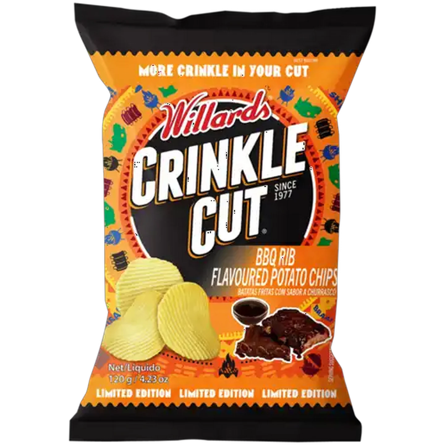 Image of Willards Crinkle Cut Barbeque Rib Flavour Potato Chips 120g
