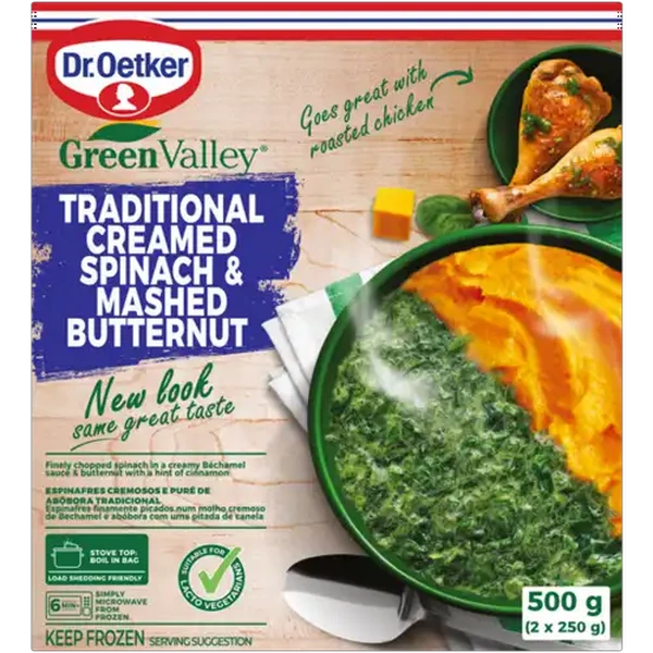 Dr. Oetker Green Valley Frozen Traditional Creamed Spinach & Mashed Butternut 2 x 250g