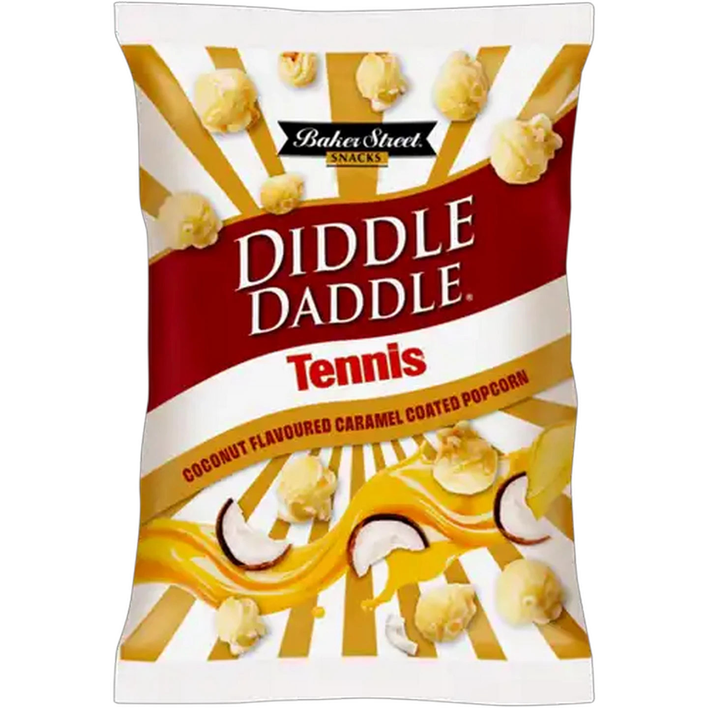 Image of Baker Street Snacks Diddle Daddle Coconut Flavoured Tennis Caramel Coated Popcorn 150g