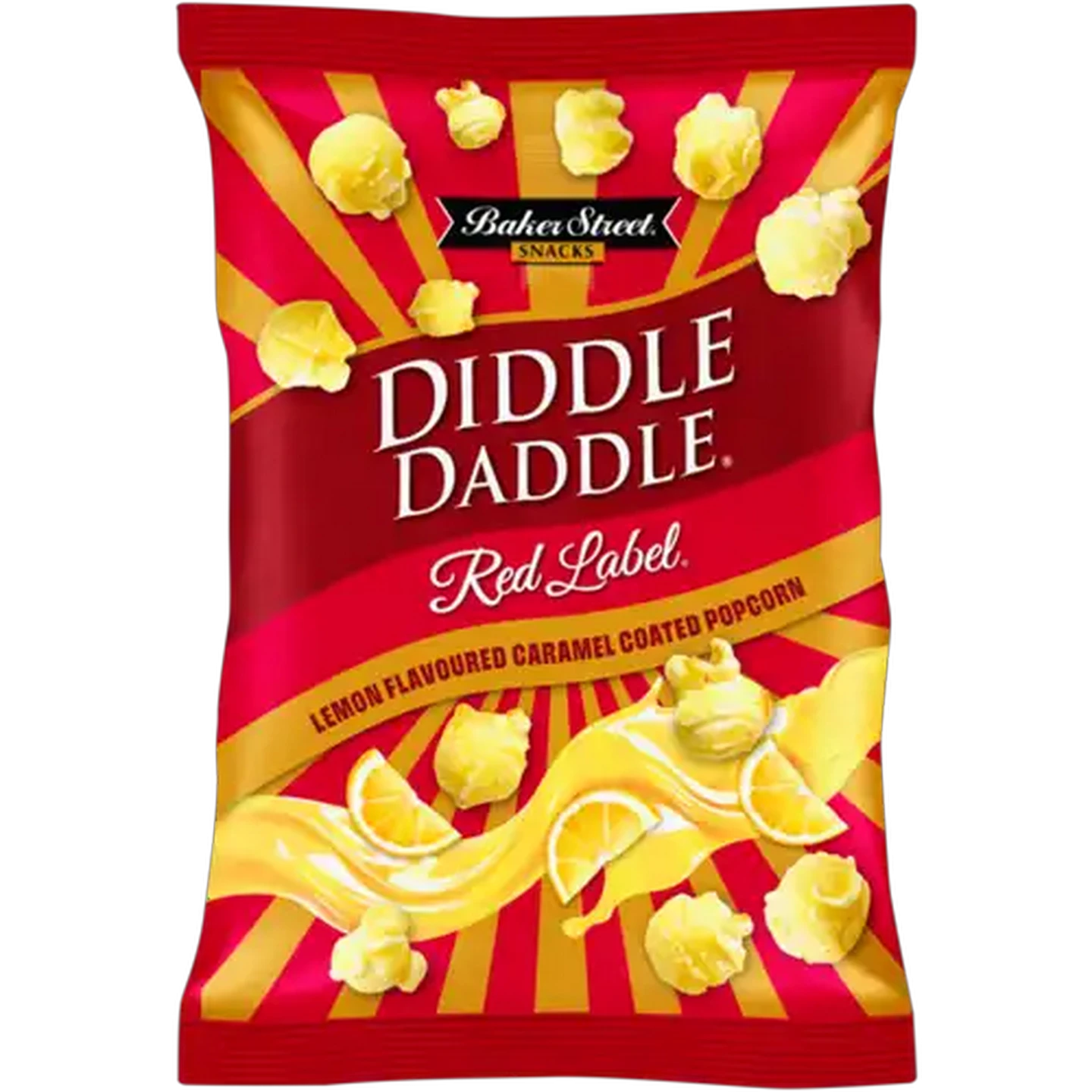 Image of Baker Street Snacks Diddle Daddle Lemon Flavoured Red Label Caramel Coated Popcorn 150g