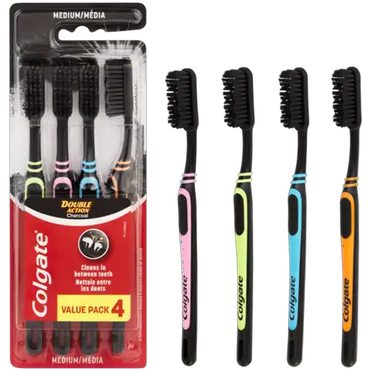 Image of Colgate Double Action Assorted Medium Charcoal Toothbrushes 4 Pack