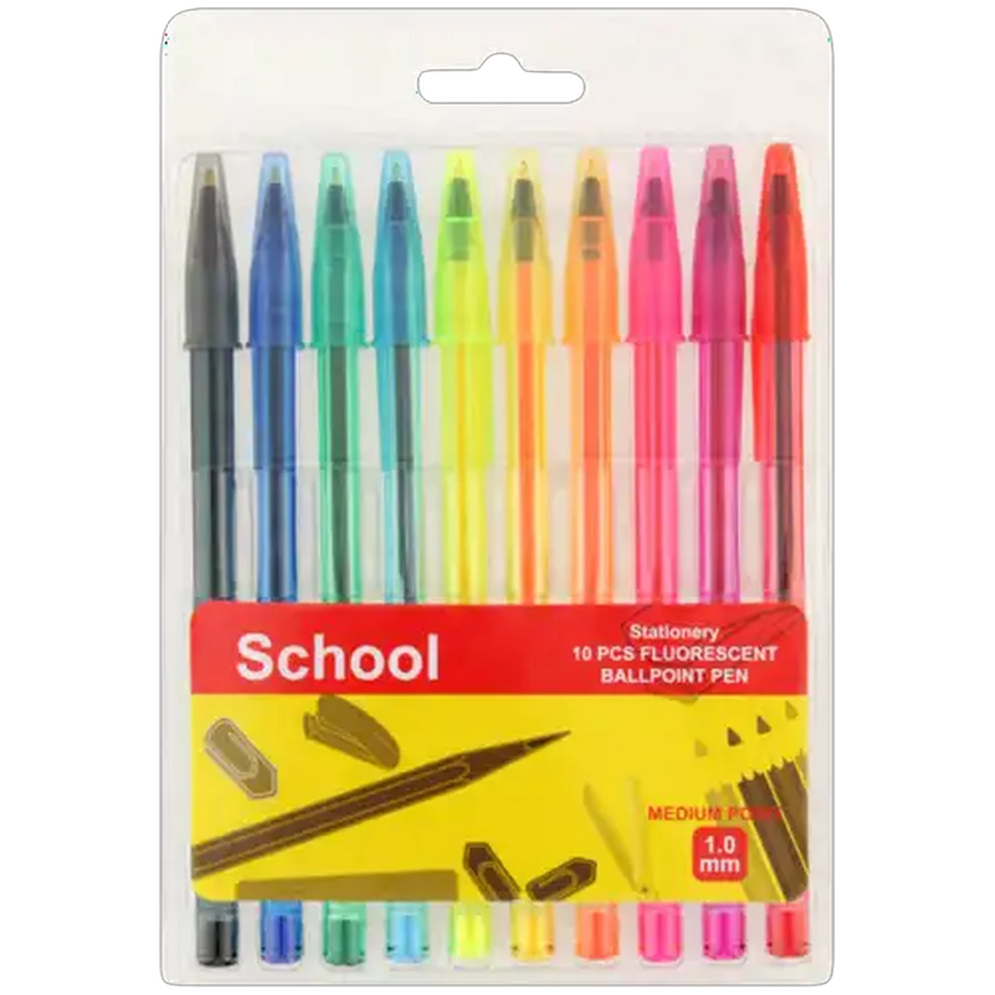 Image of School Assorted Fluorescent Ballpoint Pens 10 Pack 1mm