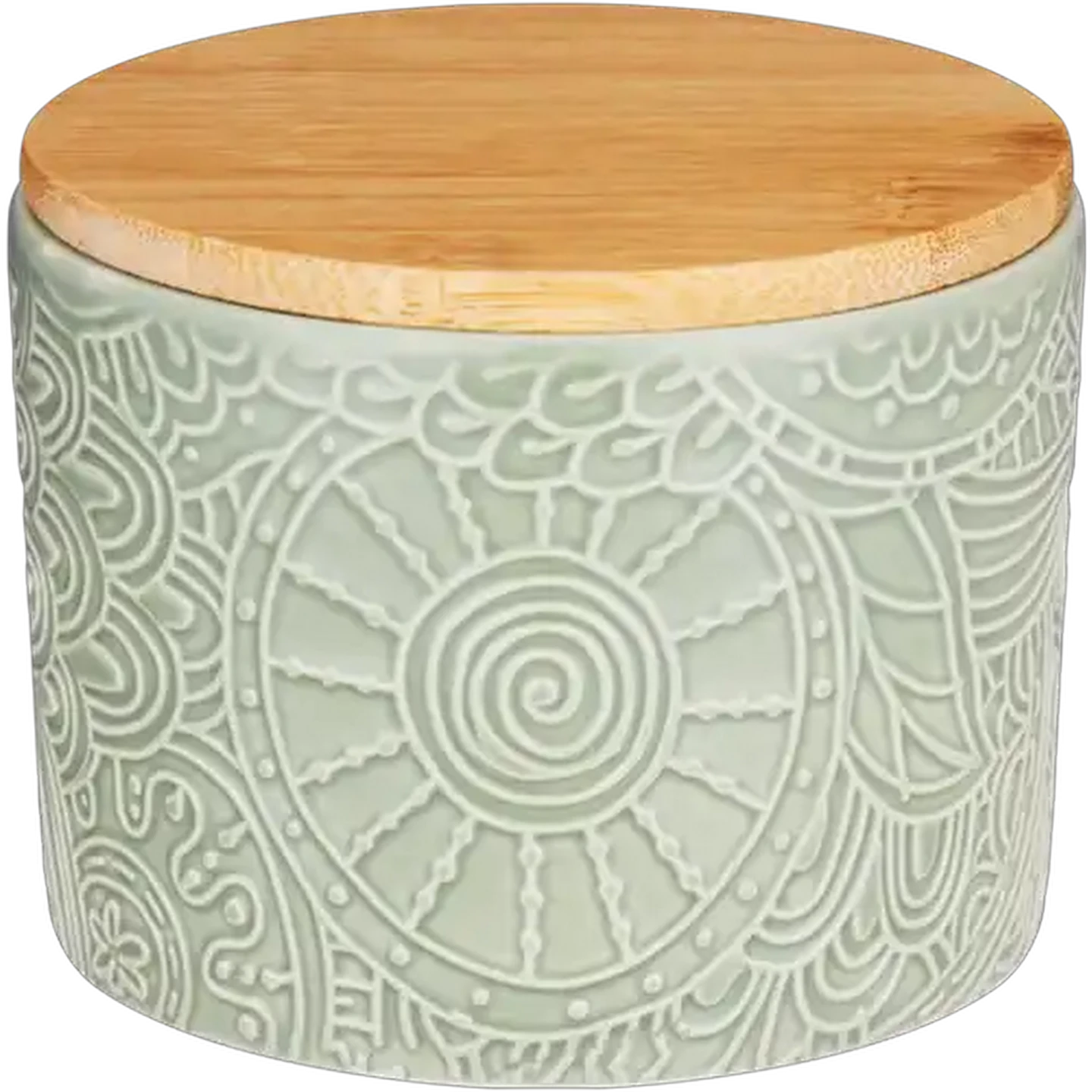 Image of Small Embossed Green Ceramic Canister With Lid