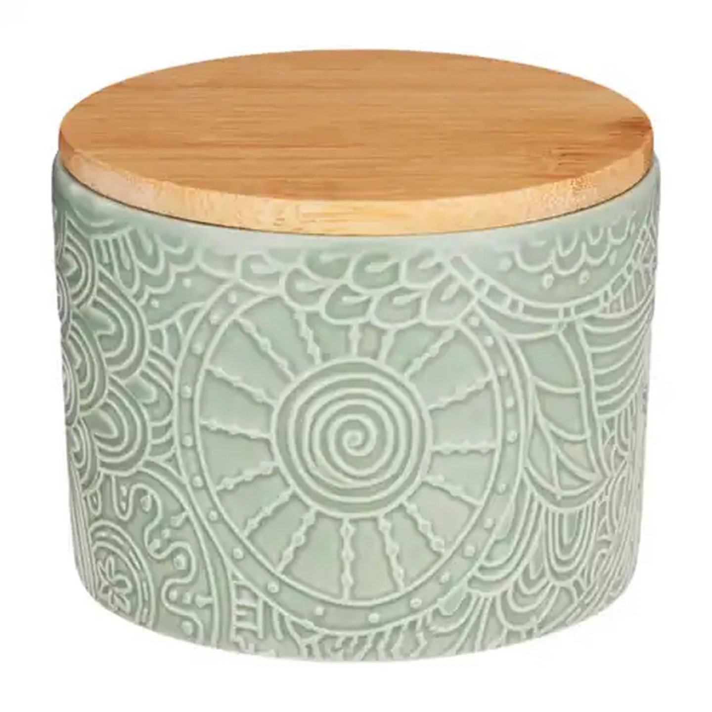 Image of Small Embossed Green Ceramic Canister With Lid