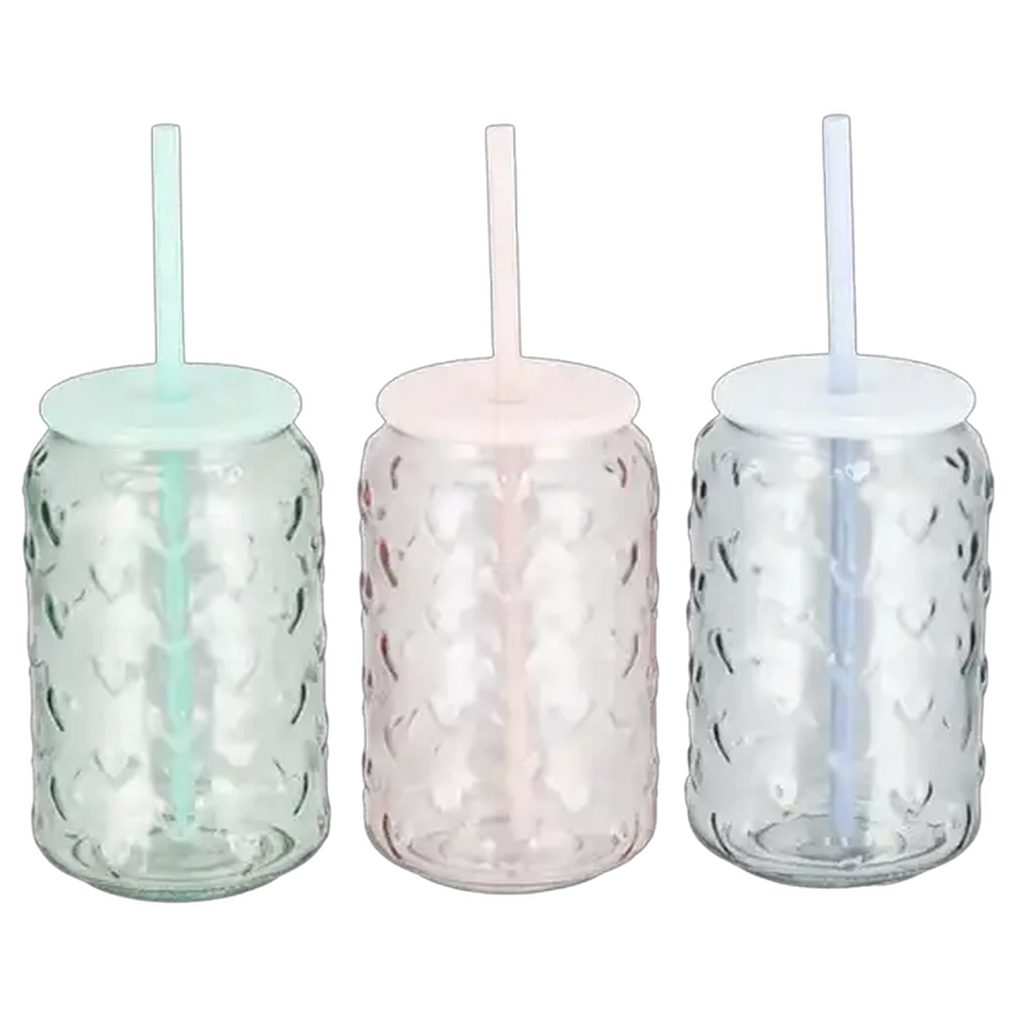 Image of Heart Glass Can with Lid & Straw 450ml (Colour May Vary)