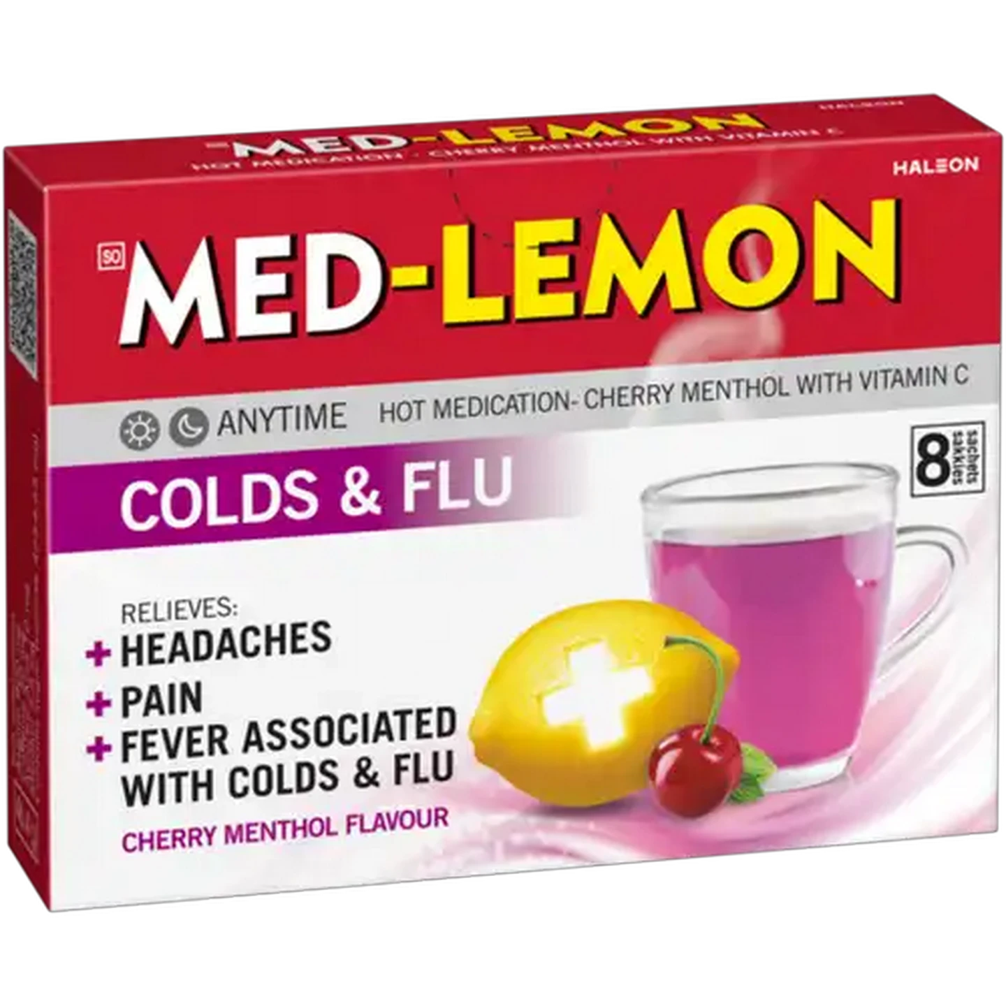 Image of Med-Lemon Cherry Menthol Flavour Colds & Flu Hot Medication 8 Pack