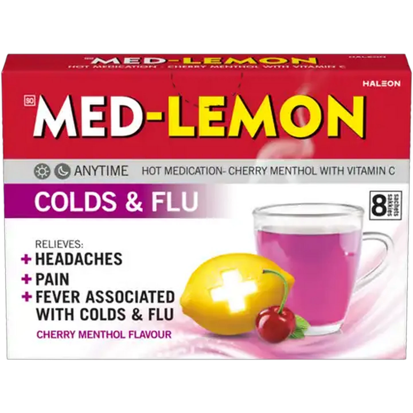 Image of Med-Lemon Cherry Menthol Flavour Colds & Flu Hot Medication 8 Pack