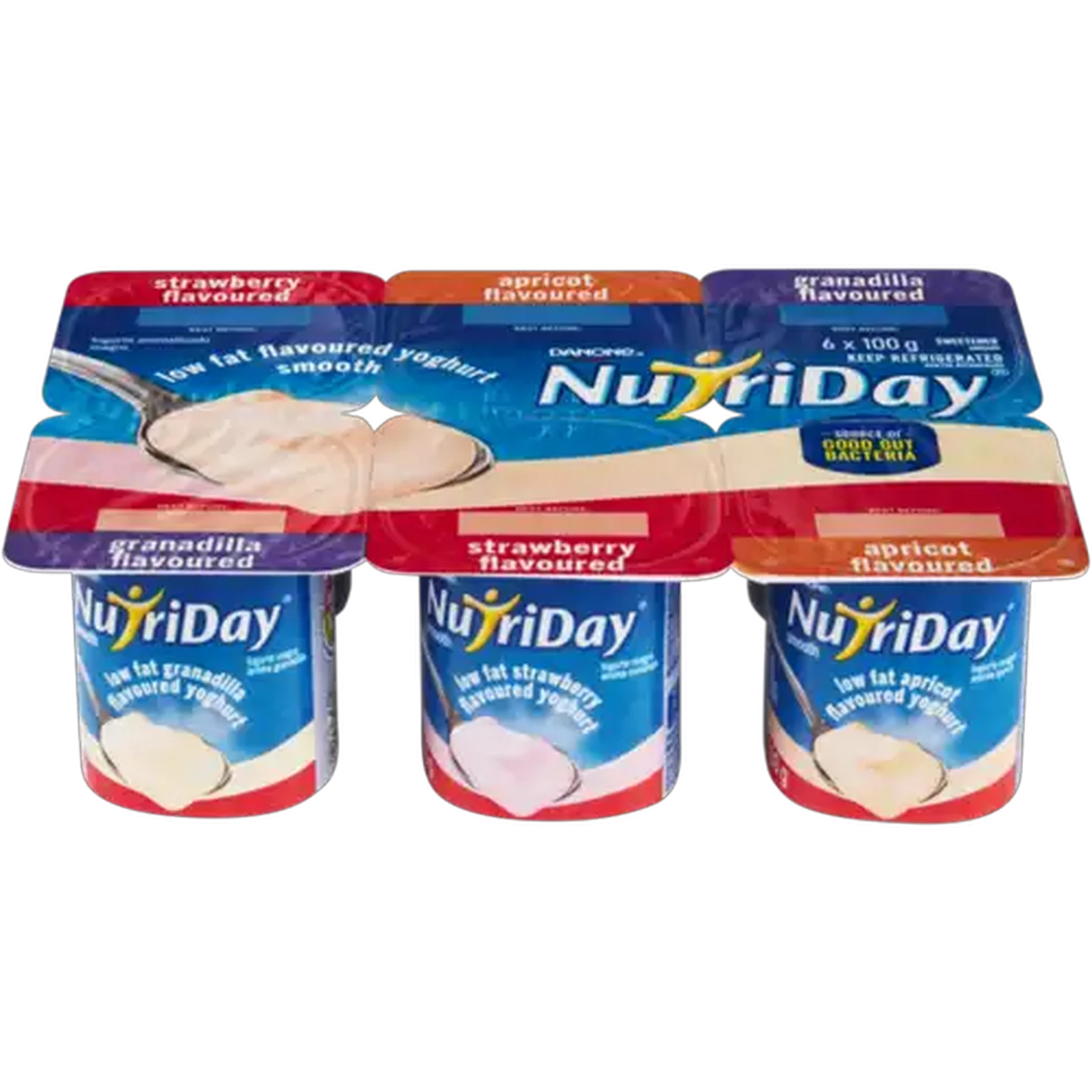Image of Danone NutriDay Strawberry, Apricot & Granadilla Flavoured Low Fat Smooth Yoghurt 6 x 100g