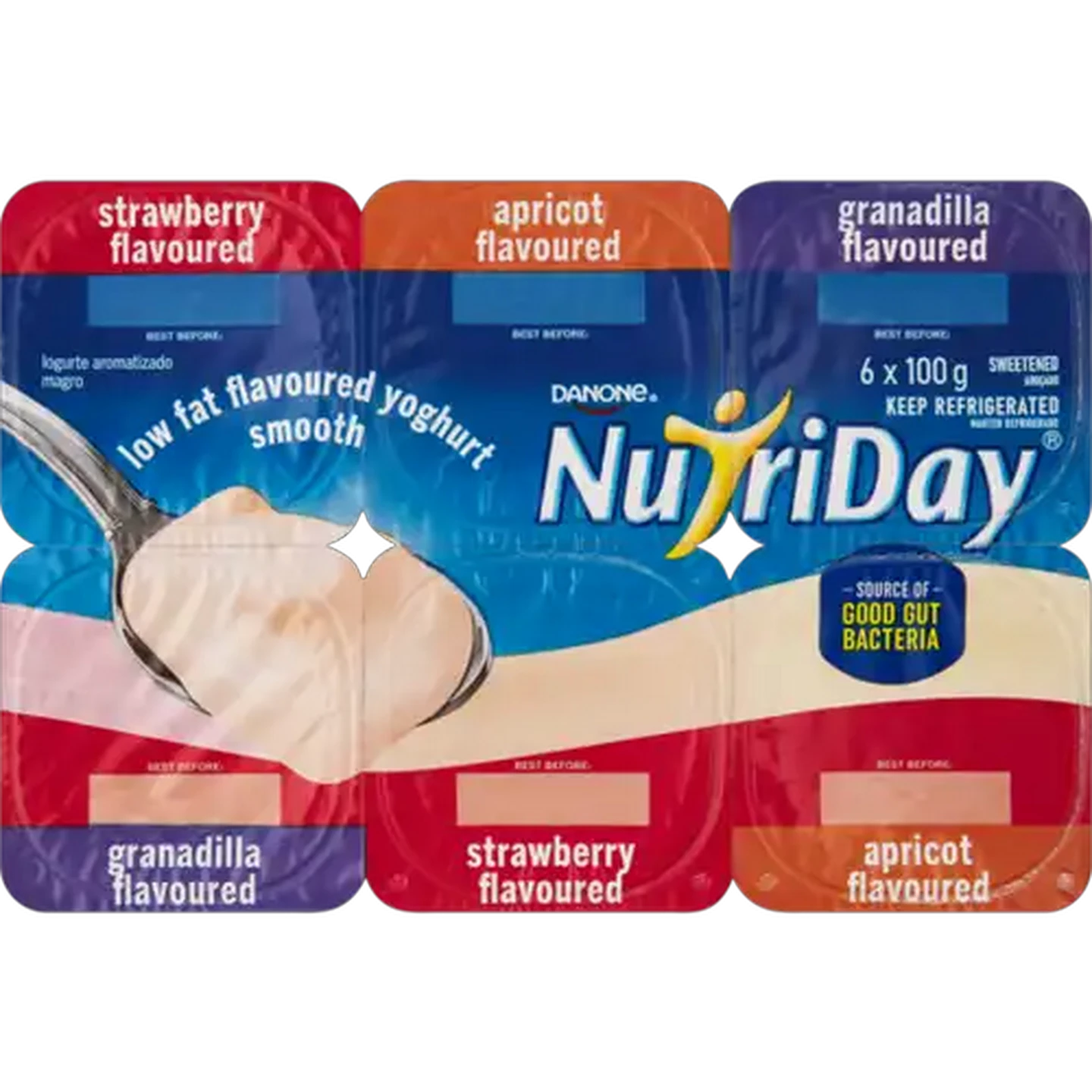 Image of Danone NutriDay Strawberry, Apricot & Granadilla Flavoured Low Fat Smooth Yoghurt 6 x 100g