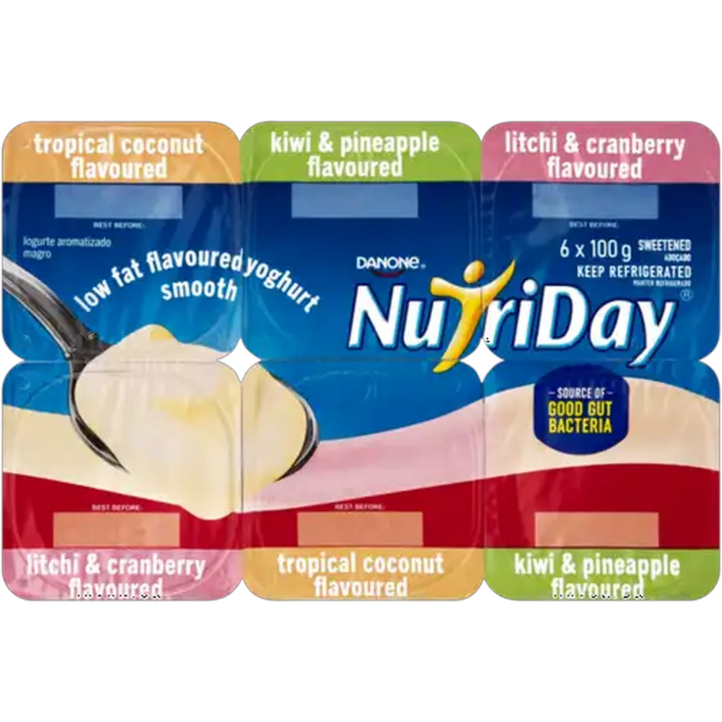 Image of Danone NutriDay Litchi & Cranberry, Tropical Coconut, & Kiwi & Pineapple Flavoured Low Fat Smooth Yoghurt 6 x 100g