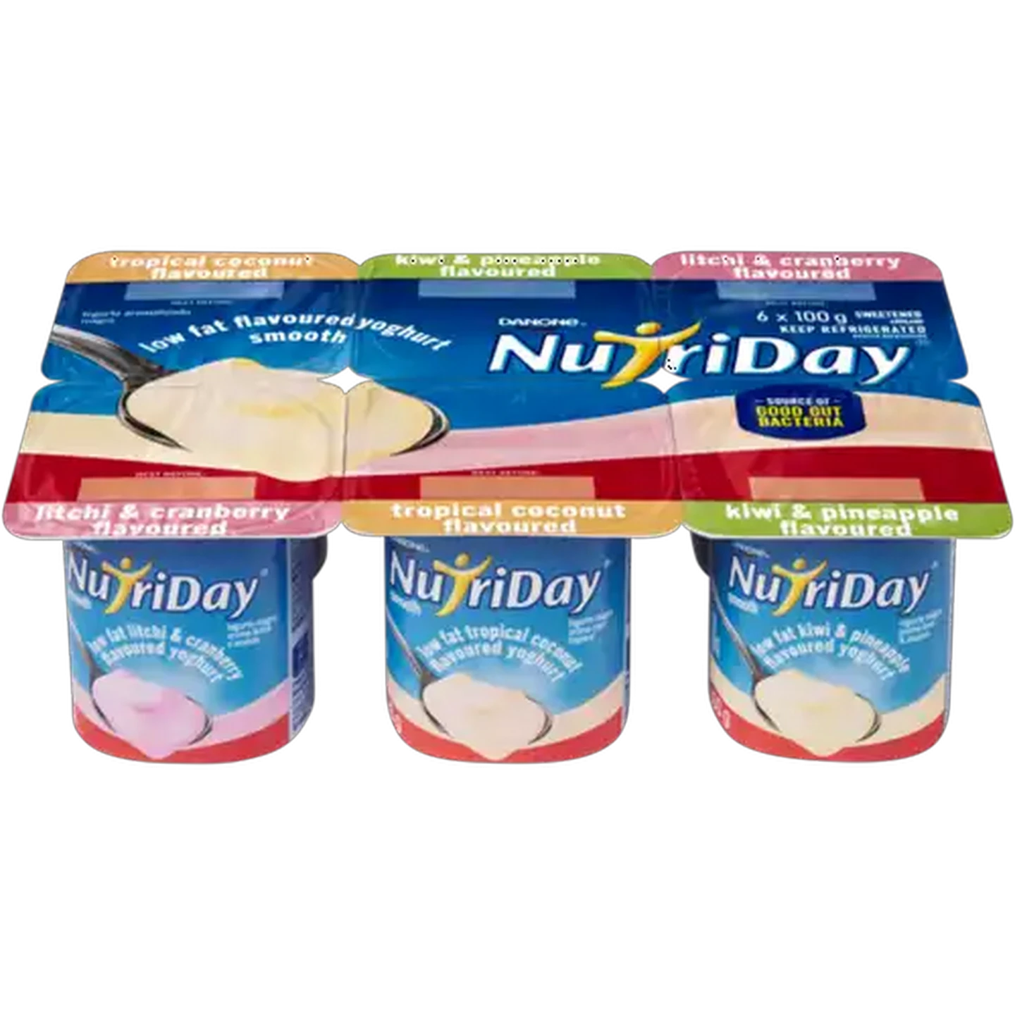 Image of Danone NutriDay Litchi & Cranberry, Tropical Coconut, & Kiwi & Pineapple Flavoured Low Fat Smooth Yoghurt 6 x 100g