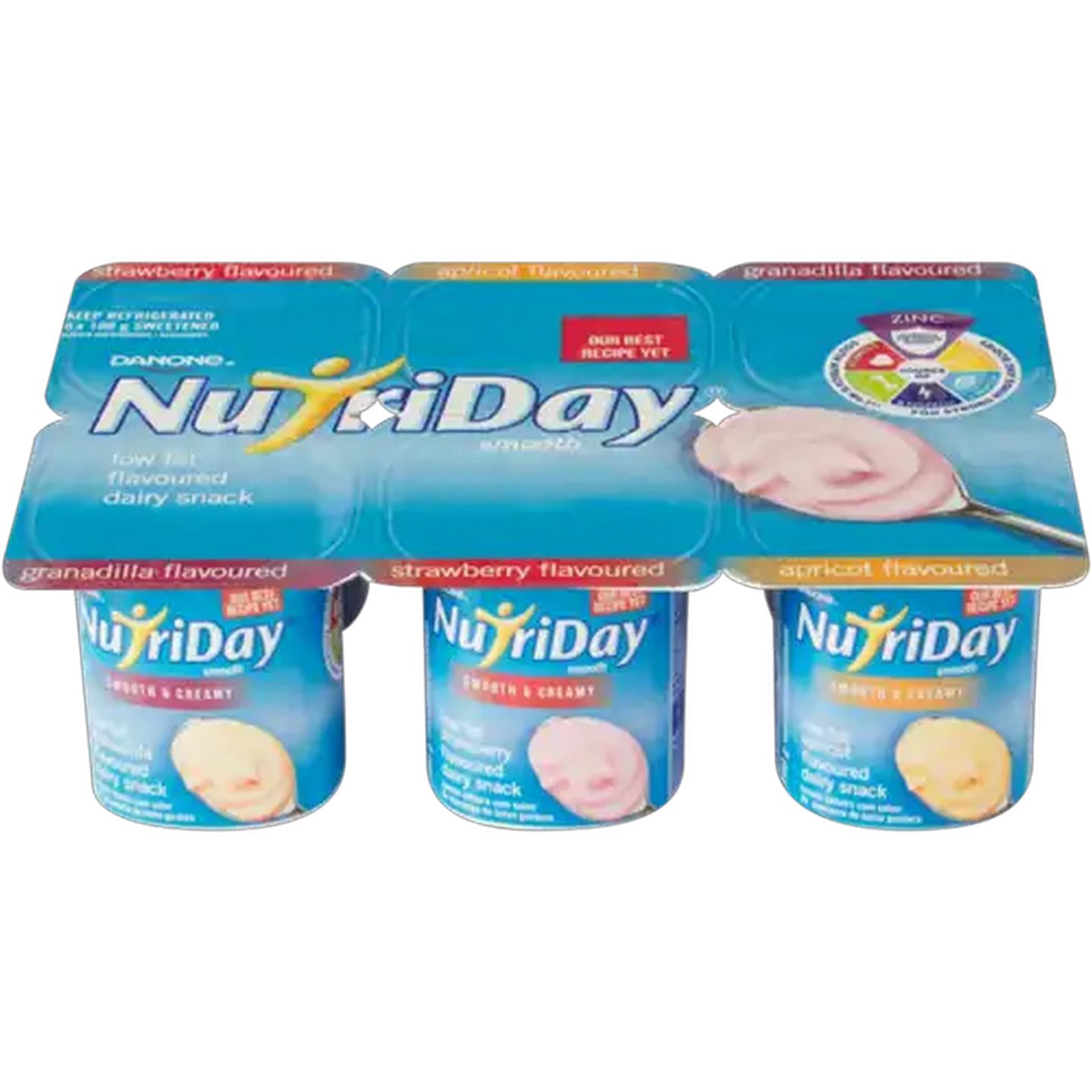 Image of Danone NutriDay Smooth Low Fat Granadilla, Strawberry And Apricot Flavoured Dairy Snack 6 x 100g
