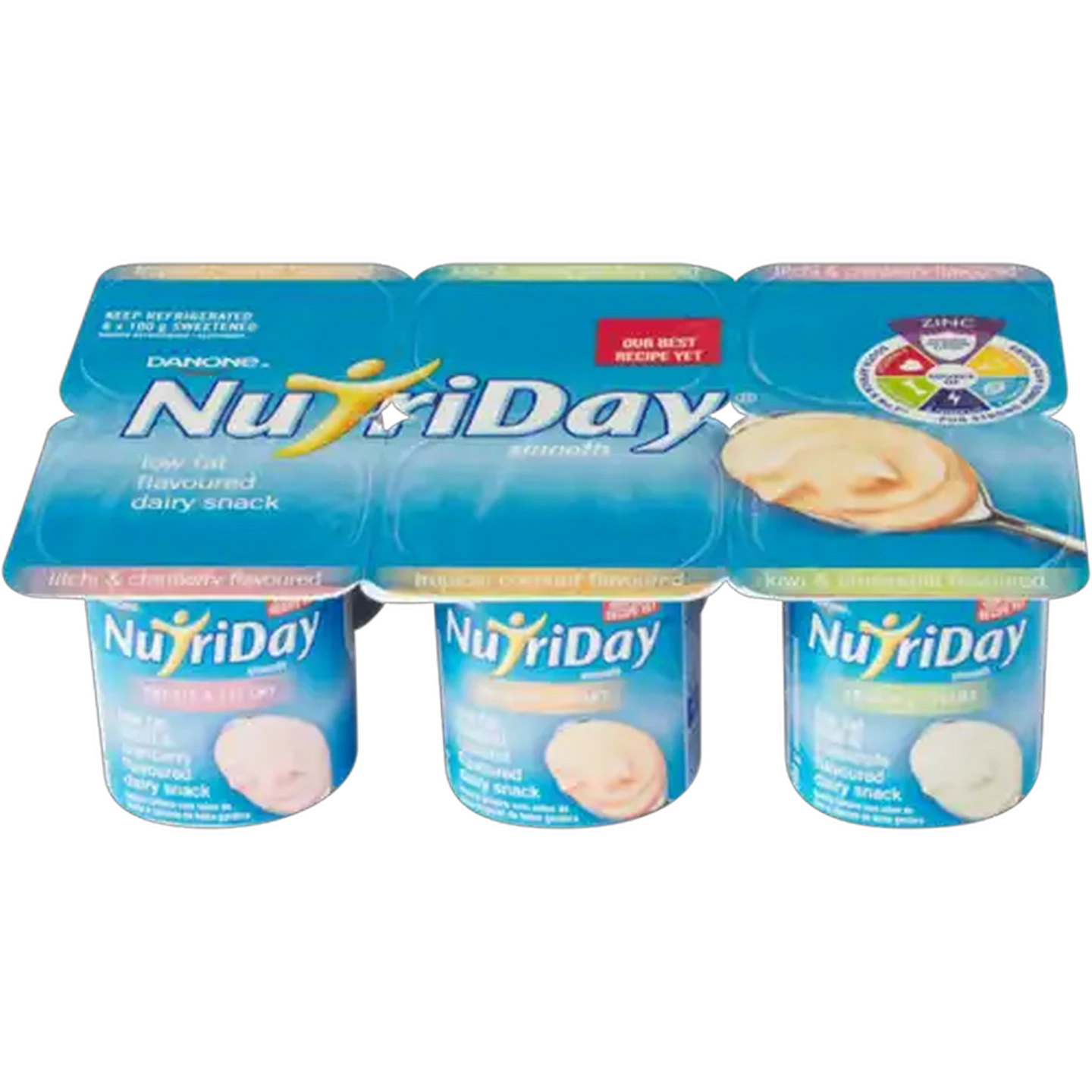 Image of Danone NutriDay Litchi & Cranberry, Tropical Coconut And Kiwi & Pineapple Flavoured Low Fat Dairy Snack 6 x 100g