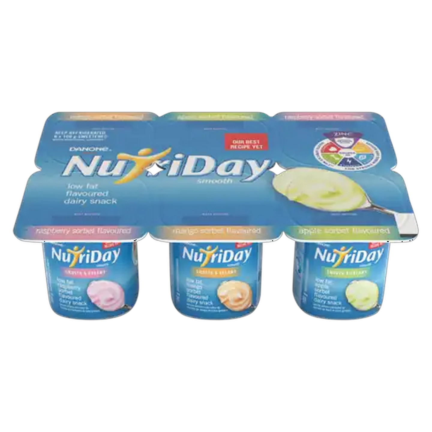 Image of Danone NutriDay Smooth Low Fat Raspberry, Mango And Apple Sorbet Flavoured Dairy Snack 6 x 100g