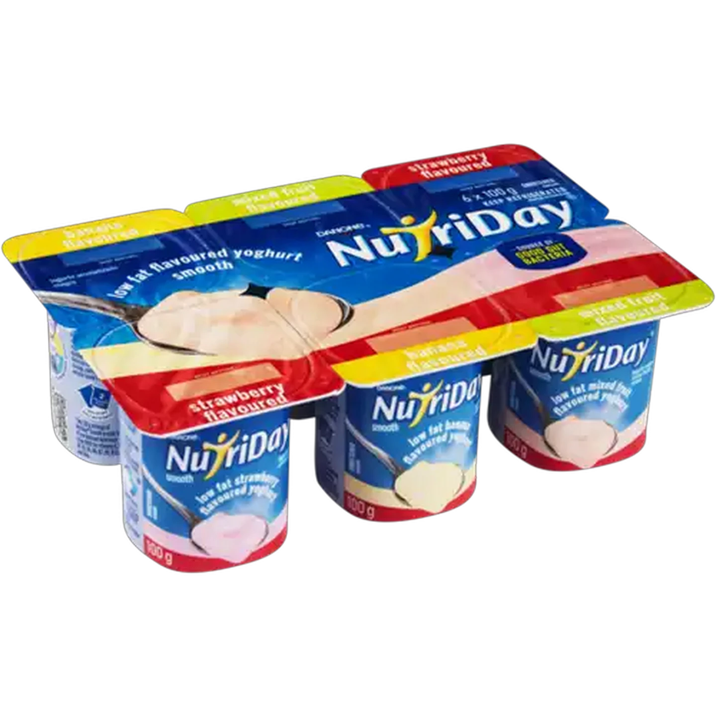 Image of Danone NutriDay Banana, Mixed Fruit & Strawberry Flavoured Low Fat Smooth Yoghurt 6 x 100g