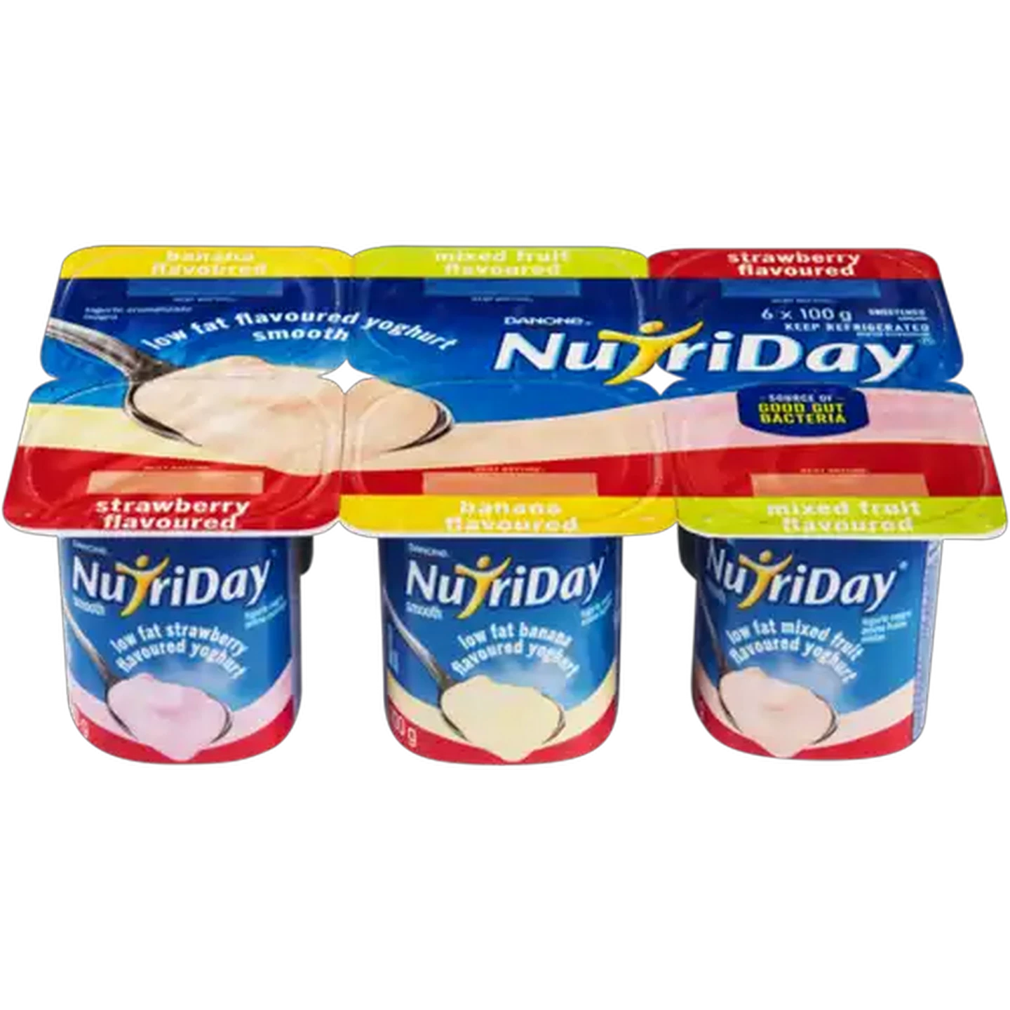 Image of Danone NutriDay Banana, Mixed Fruit & Strawberry Flavoured Low Fat Smooth Yoghurt 6 x 100g