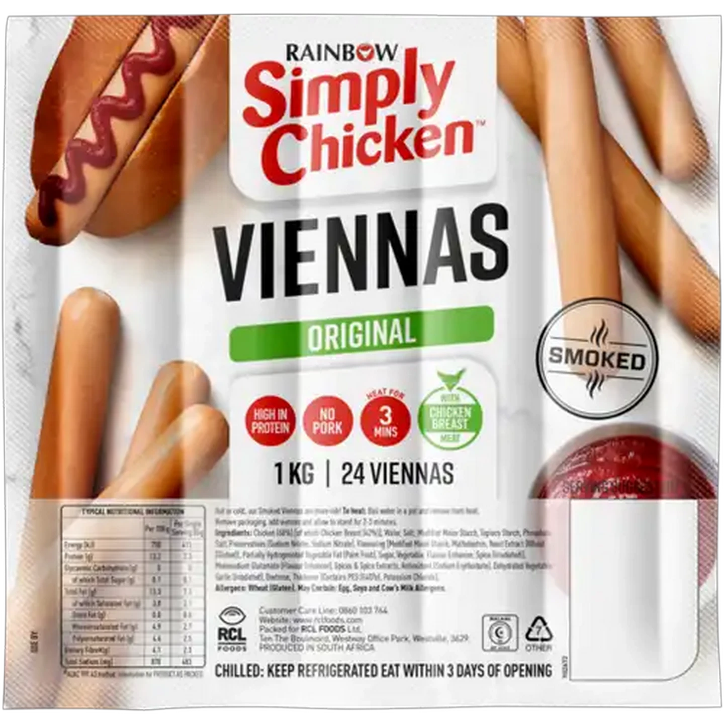 Image of RAINBOW Simply Chicken Original Smoked Viennas With Chicken Breast Meat 1kg