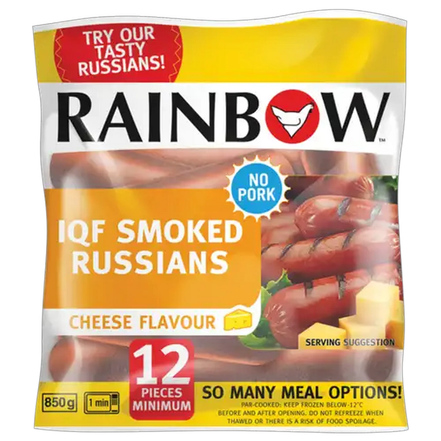 Image of RAINBOW Cheese Flavoured IQF Smoked Russians Pack 850g