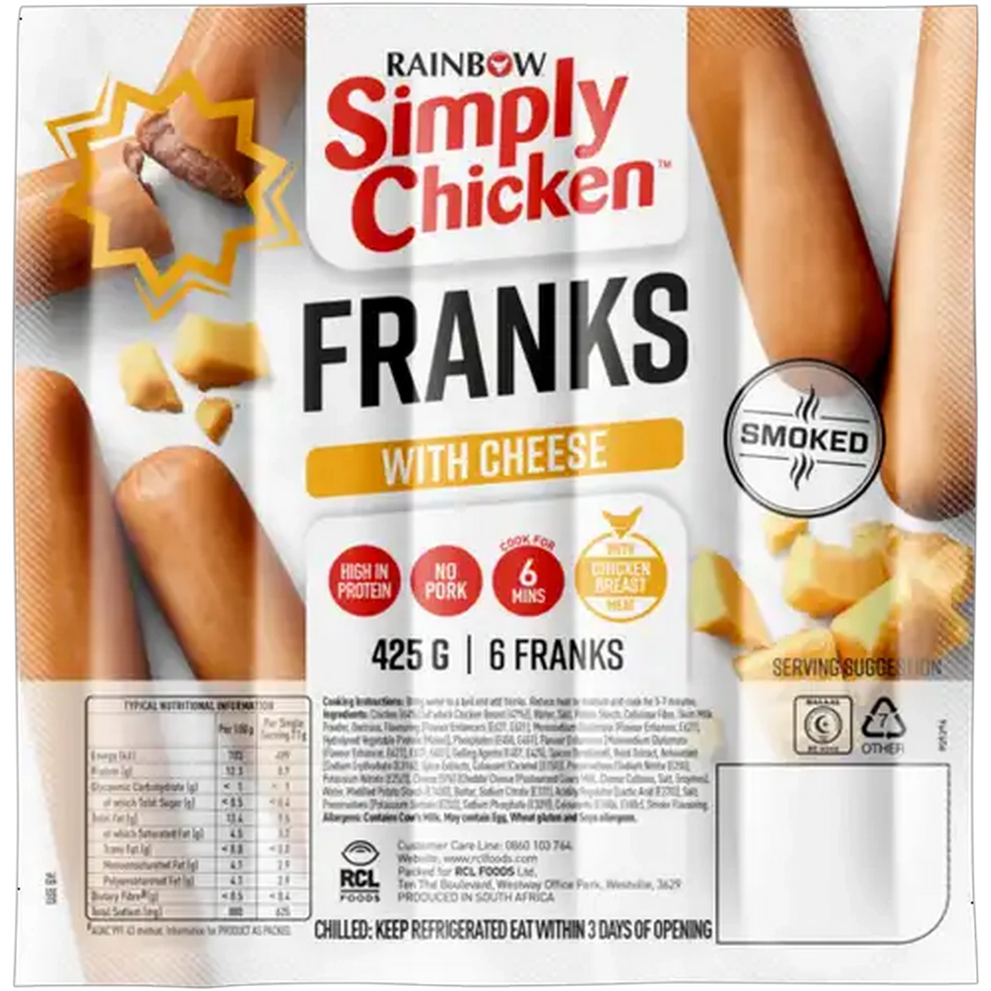 Image of RAINBOW Simply Chicken Cheese Frankfurters 425g