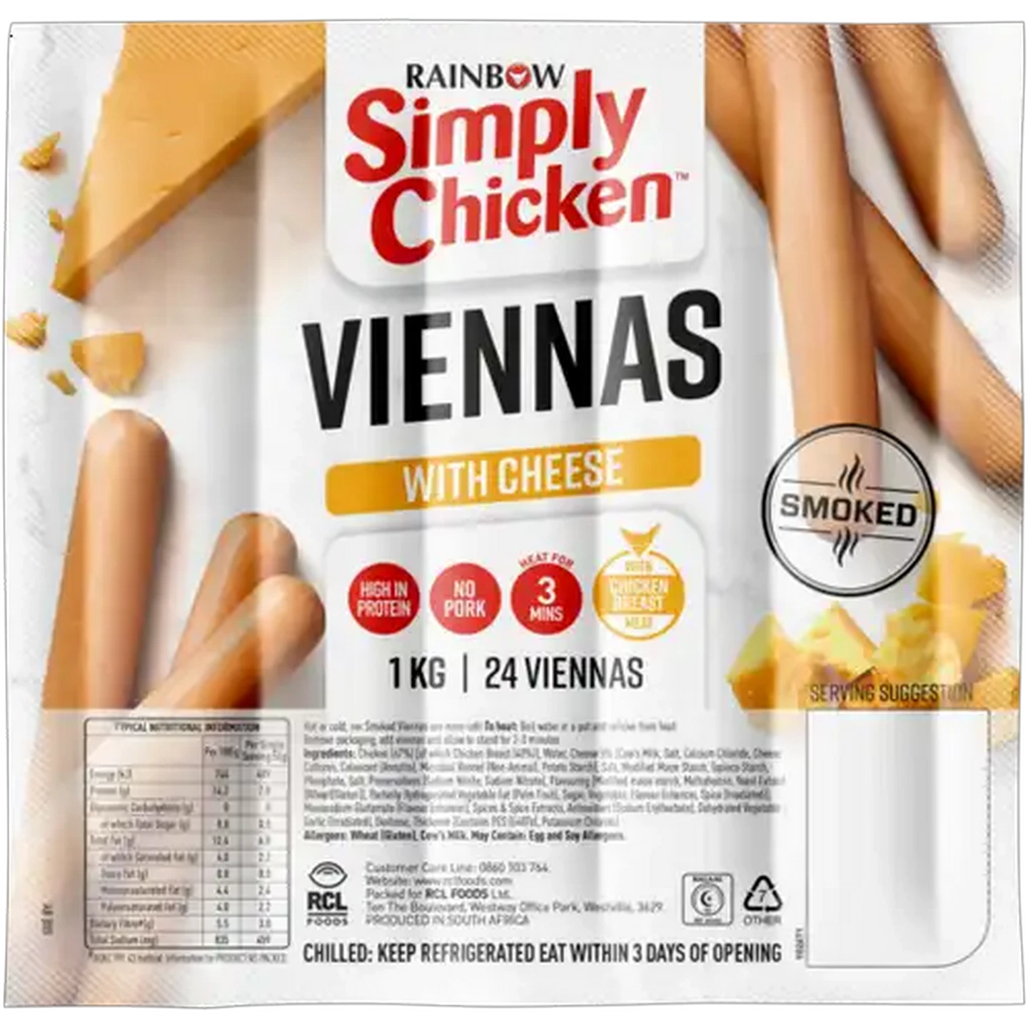 Image of RAINBOW Simply Chicken Cheese Smoked Viennas With Chicken Breast Meat 1kg