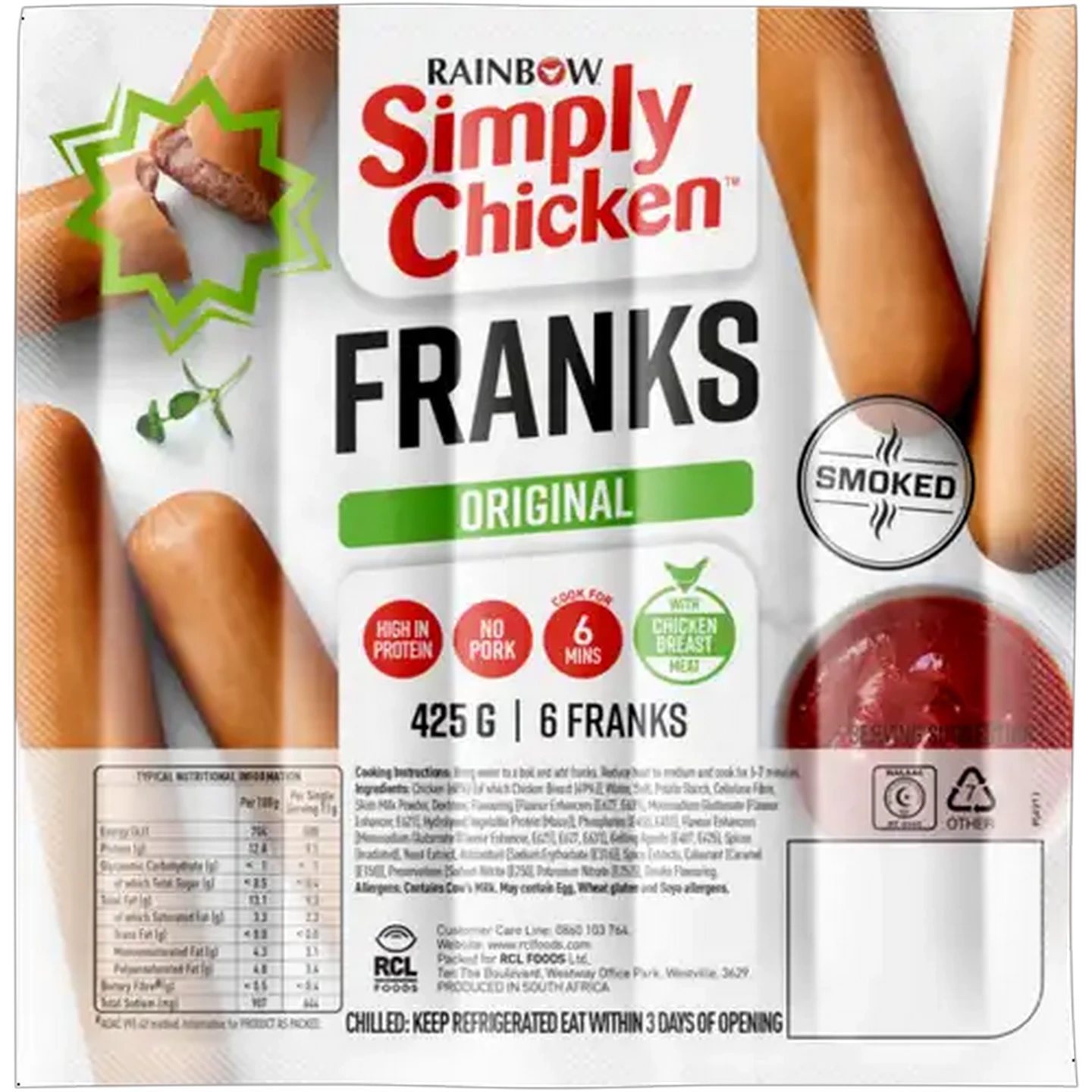Image of RAINBOW Simply Chicken Everyday Frankfurters 425g