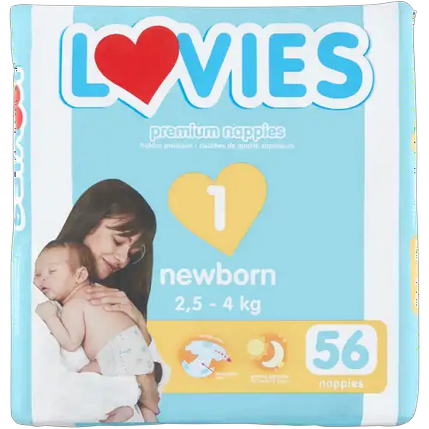 Image of Lovies Size 1 2.5-4kg Newborn Premium Nappies 56 Pack