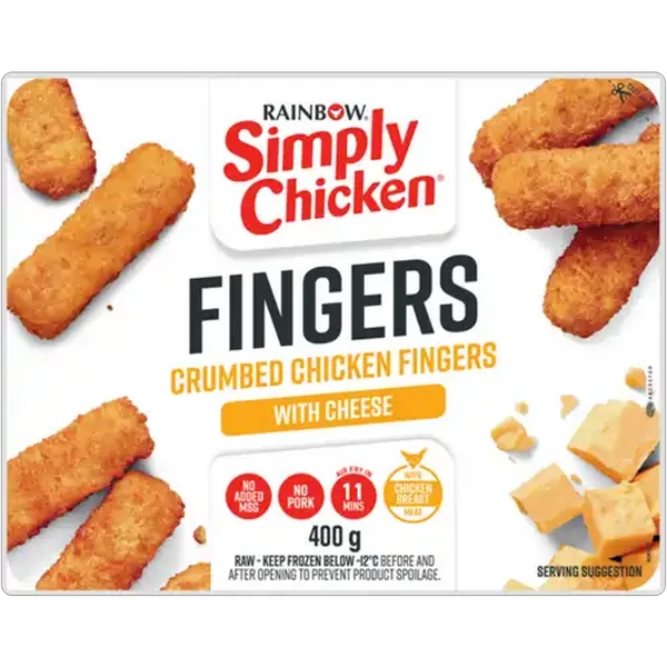 RAINBOW Simply Chicken Frozen Crumbed Chicken Fingers with Cheese 400g