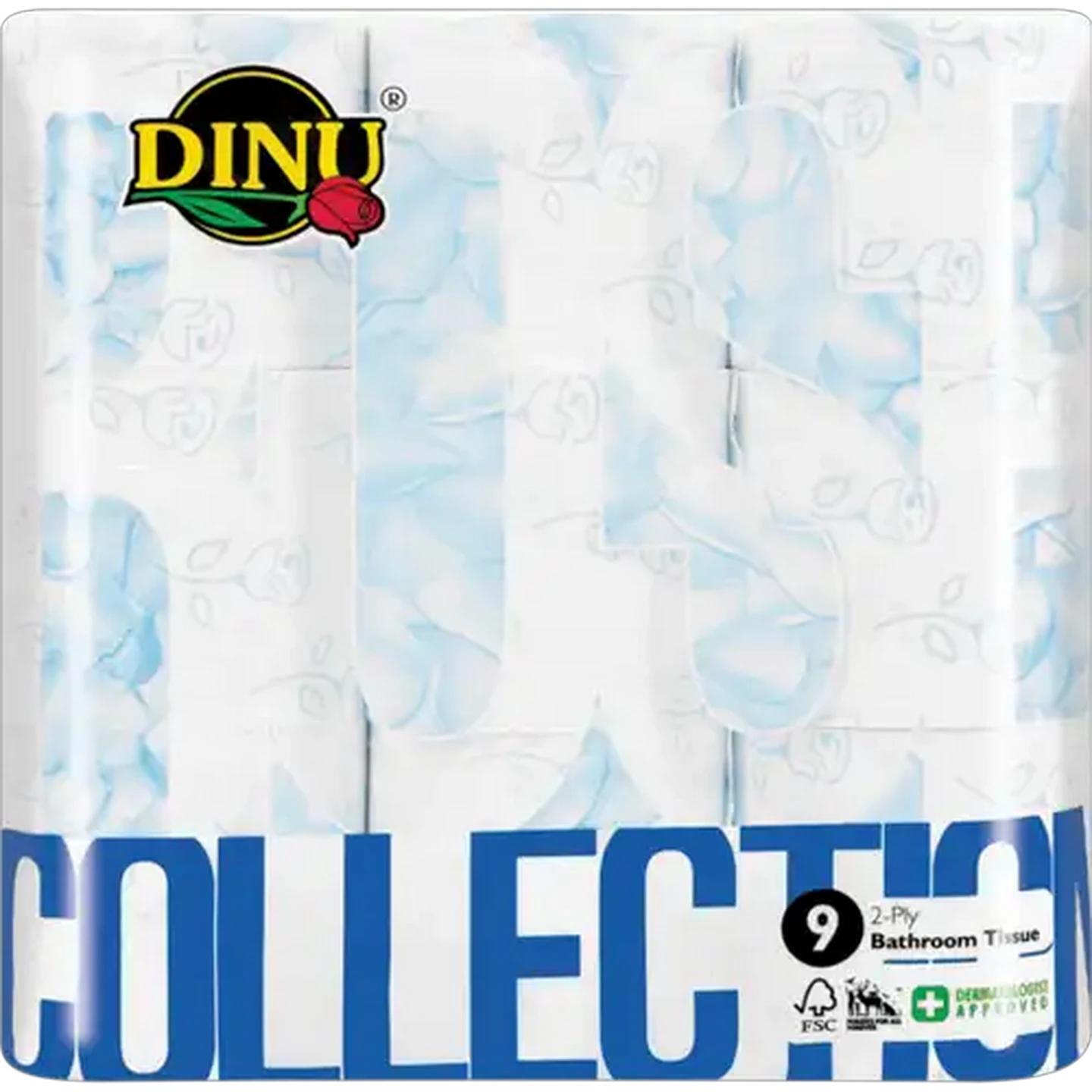 Image of Dinu Collection White & Blue 2 Ply Toilet Rolls 9 Pack