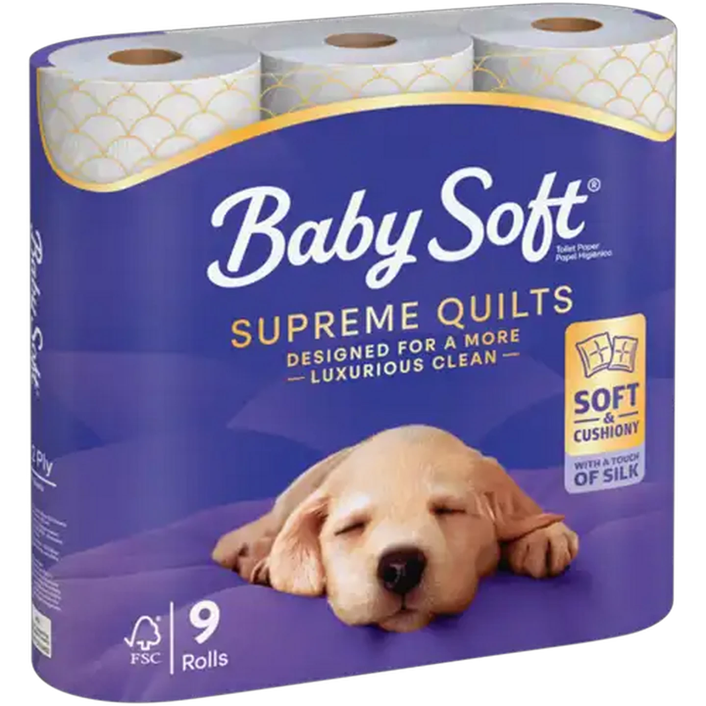 Image of Baby Soft 2 Ply Supreme Quilts Luxury Toilet Tissue Roll 9 Pack