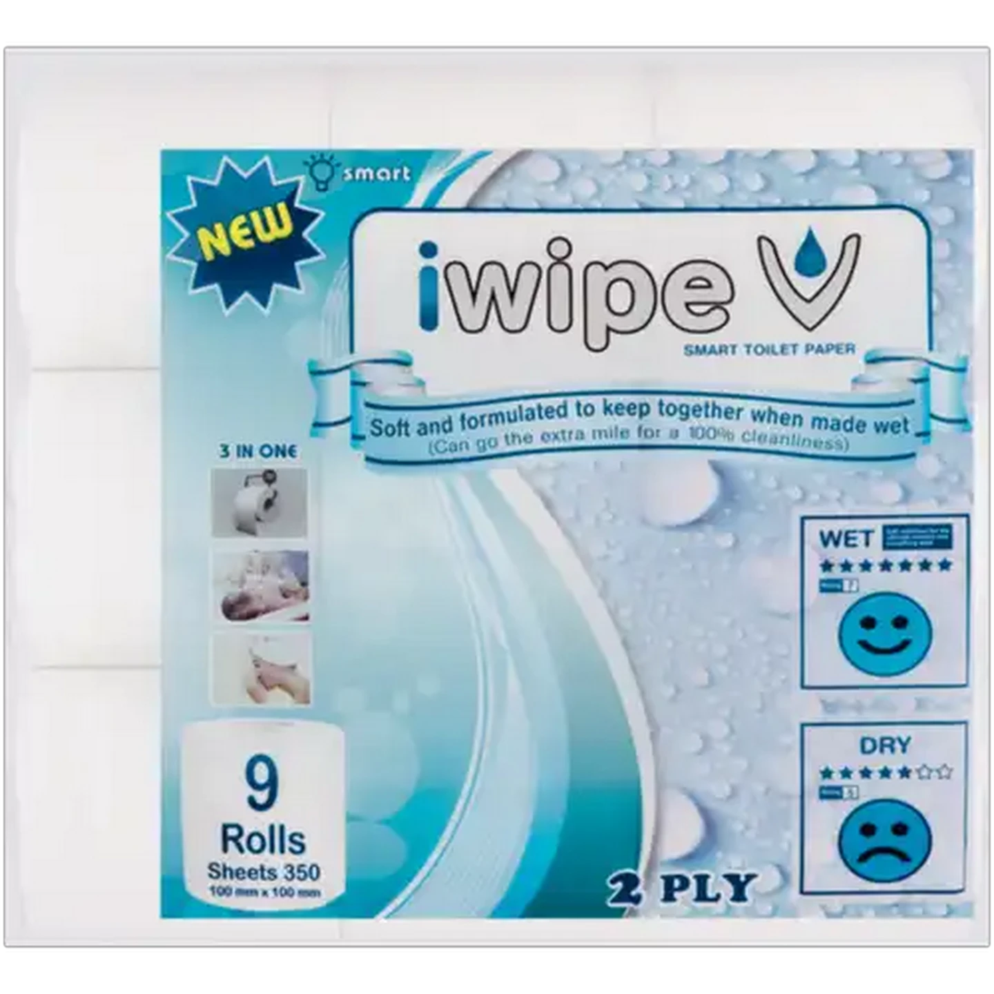 Image of iWipe 2 Ply Smart Toilet Paper Roll 9 Pack