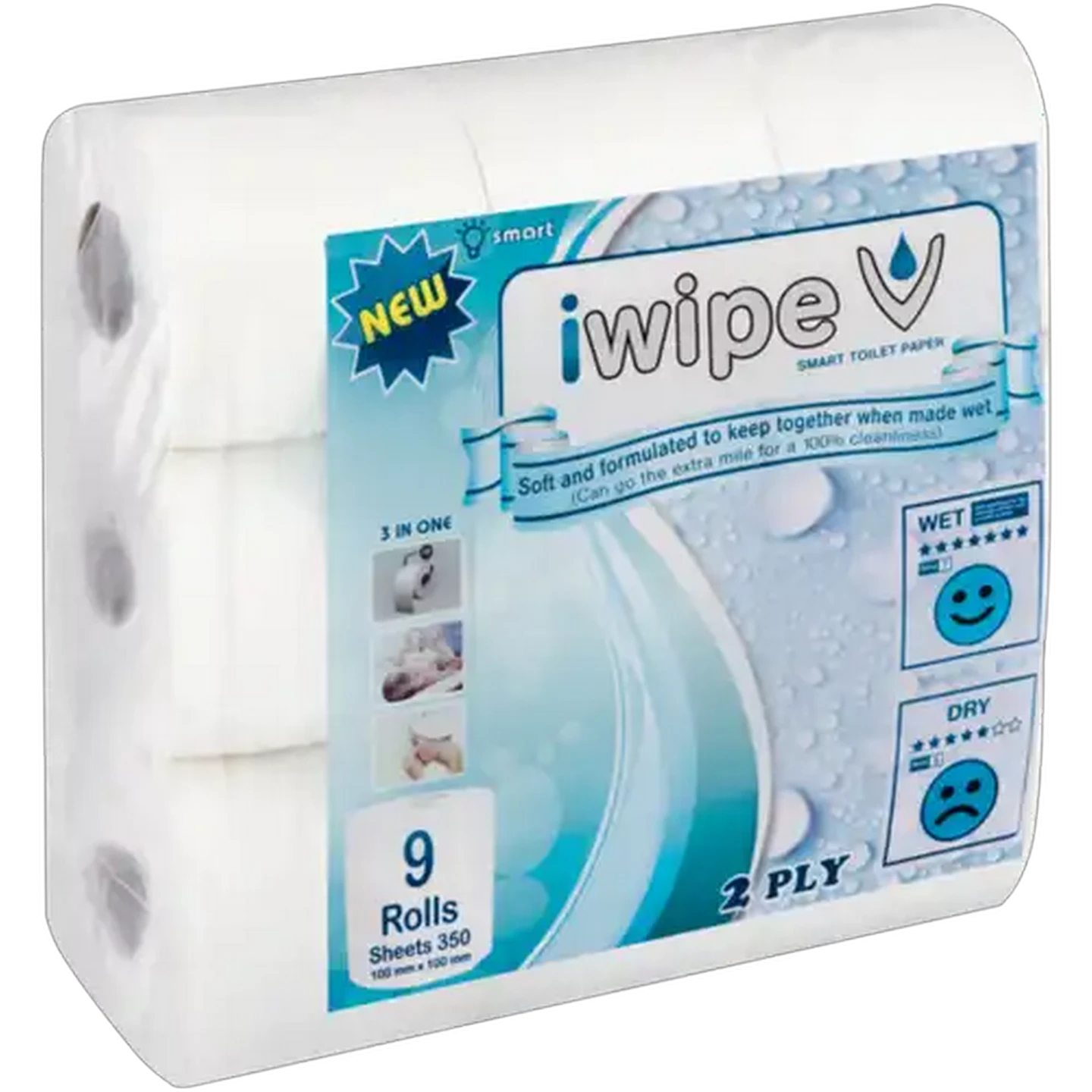 Image of iWipe 2 Ply Smart Toilet Paper Roll 9 Pack