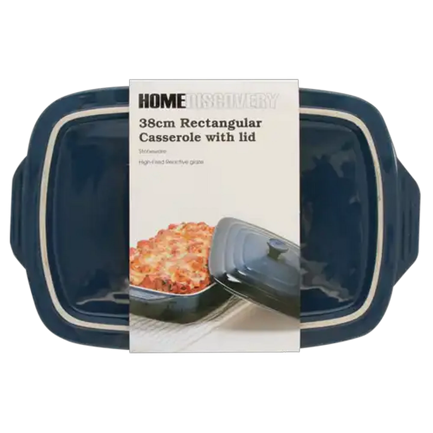 Image of Home Discovery Stoneware Blue Rectangular Casserole with Lid 38cm