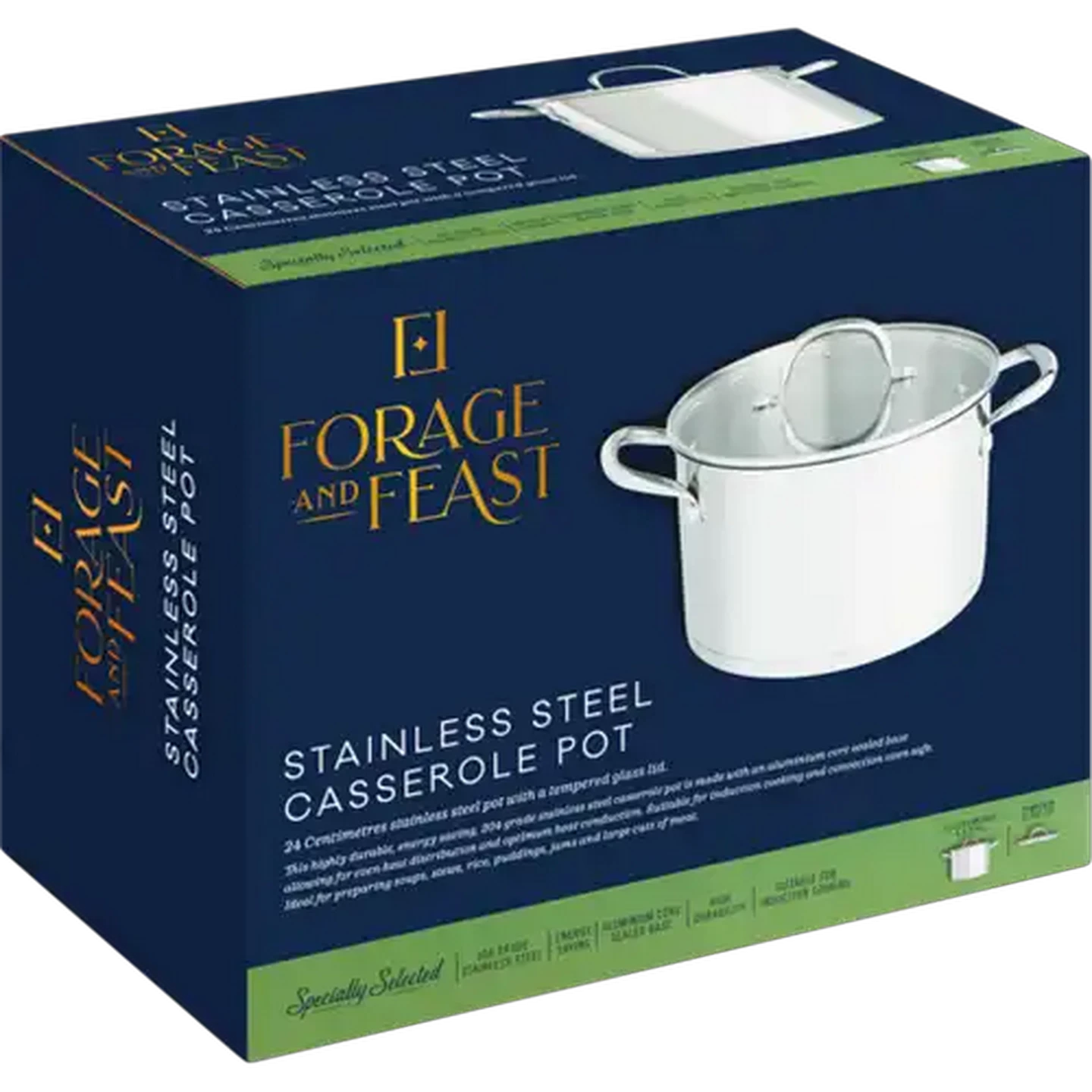 Image of Forage And Feast Silver Stainless Steel Casserole Pot 24cm