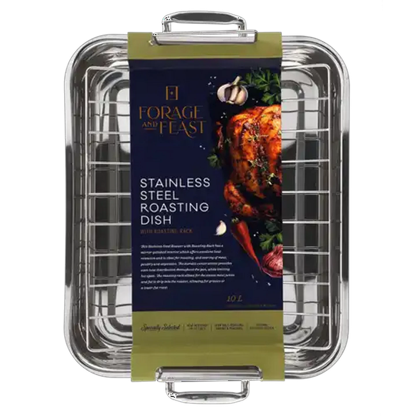 Image of Forage and Feast Stainless Steel Roasting Dish with Roasting Rack 40 x 33 x 8cm