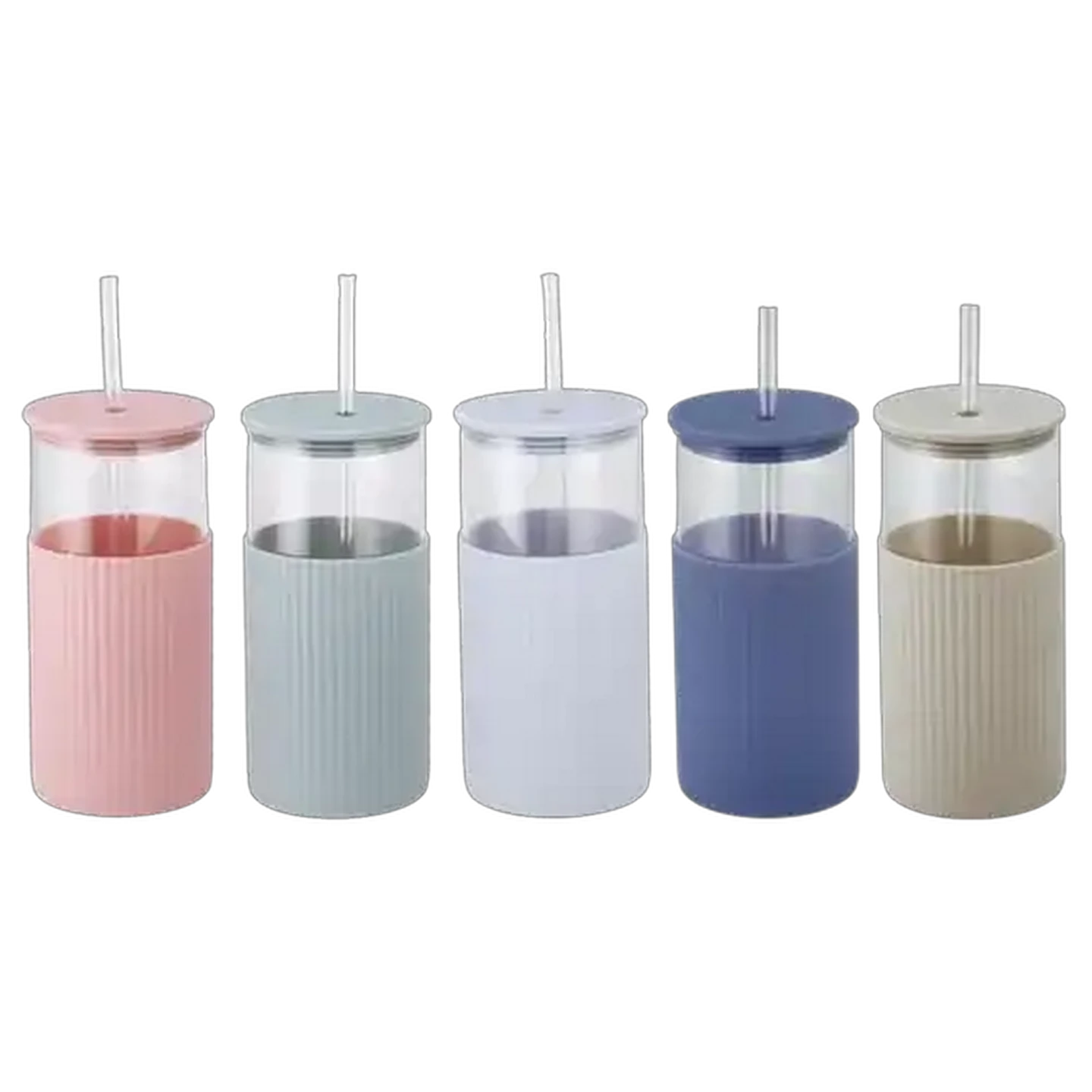 Image of Silicone Sleeve Glass Jar with Straw 600ml (Colour May Vary)