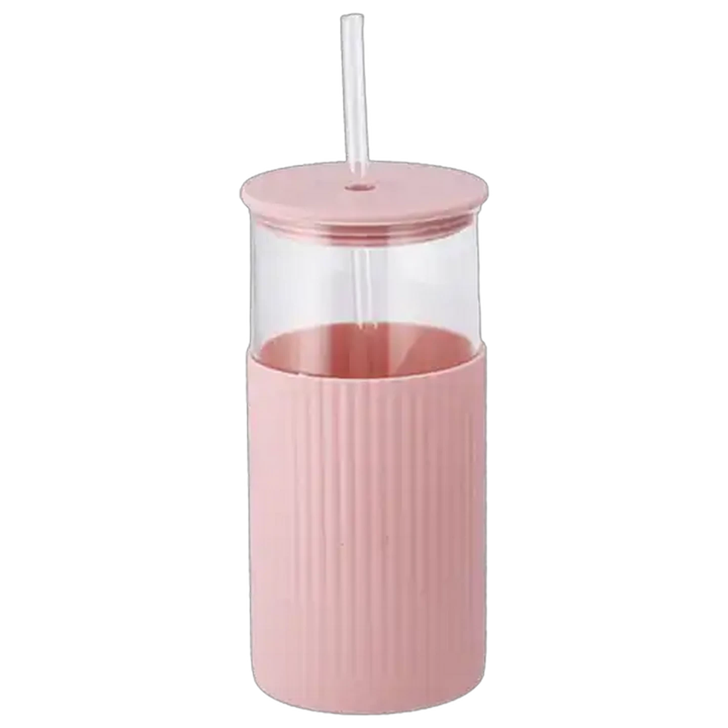 Image of Silicone Sleeve Glass Jar with Straw 600ml (Colour May Vary)