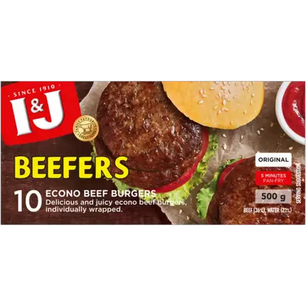 I&J Beefers Original Frozen Econo Beef Burgers 500g