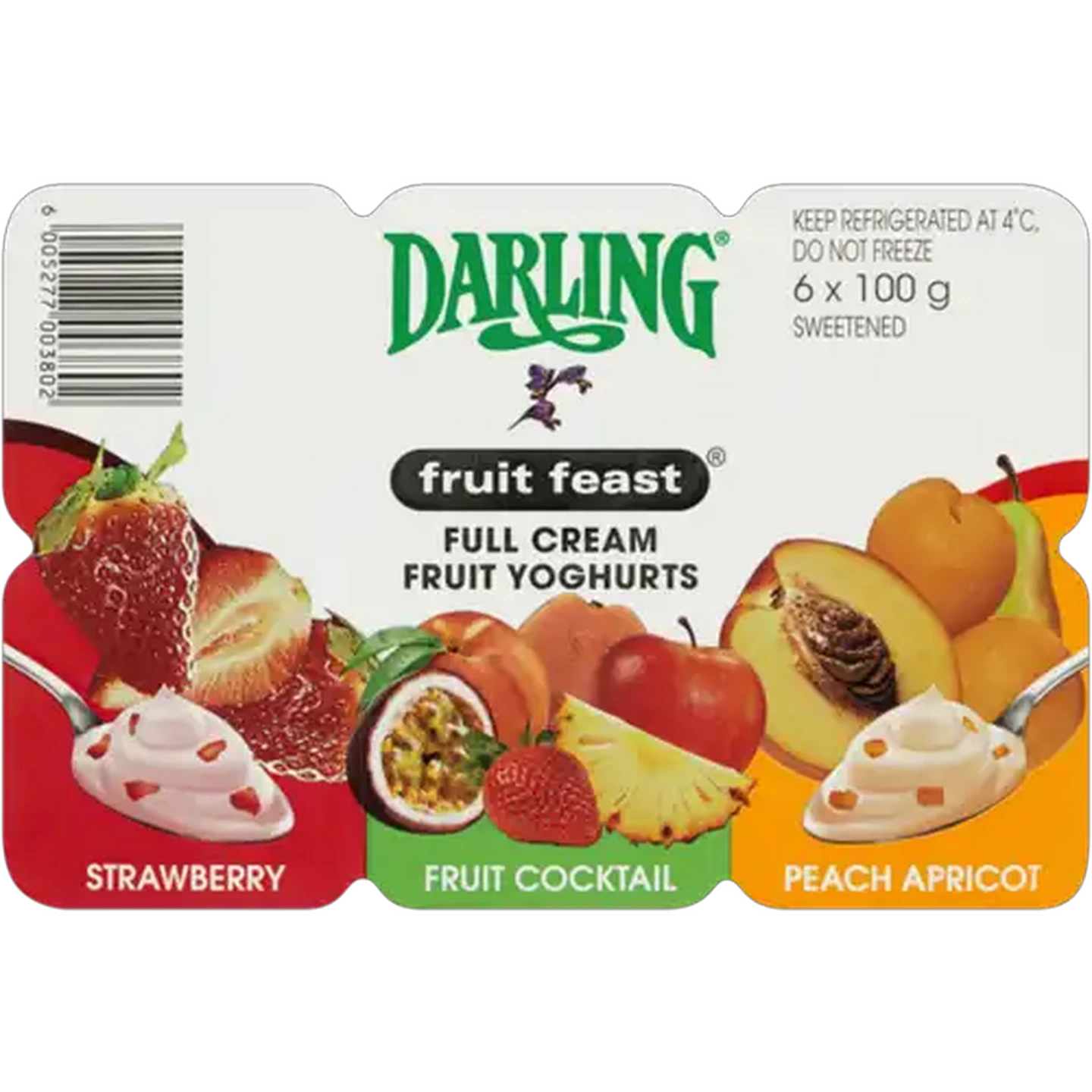 Image of Darling Fruit Feast Strawberry/Mixed Fruit/Peach & Apricot Full Cream Fruit Yoghurt Multipack 6 x 100g