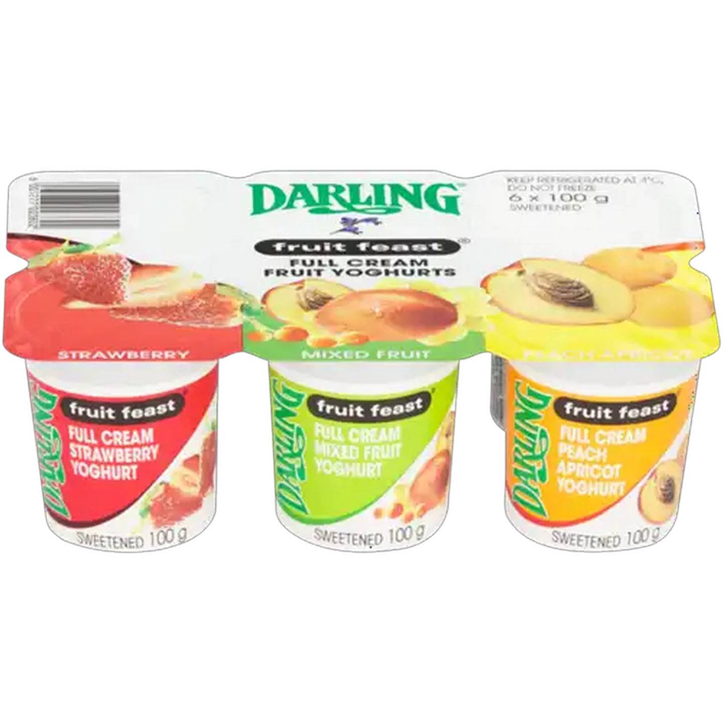 Image of Darling Fruit Feast Strawberry/Mixed Fruit/Peach & Apricot Full Cream Fruit Yoghurt Multipack 6 x 100g